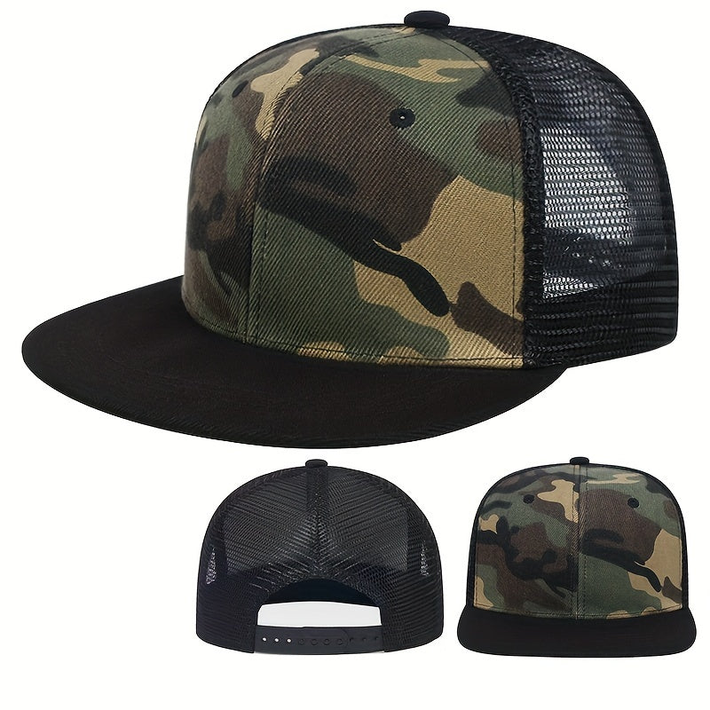 1pc Camouflage Baseball Cap, 100% Acrylic Knitted Snap Closure, Lightweight Adjustable Flat Brim Hat for Outdoor Sunshade, Movie Theme Party Accessory