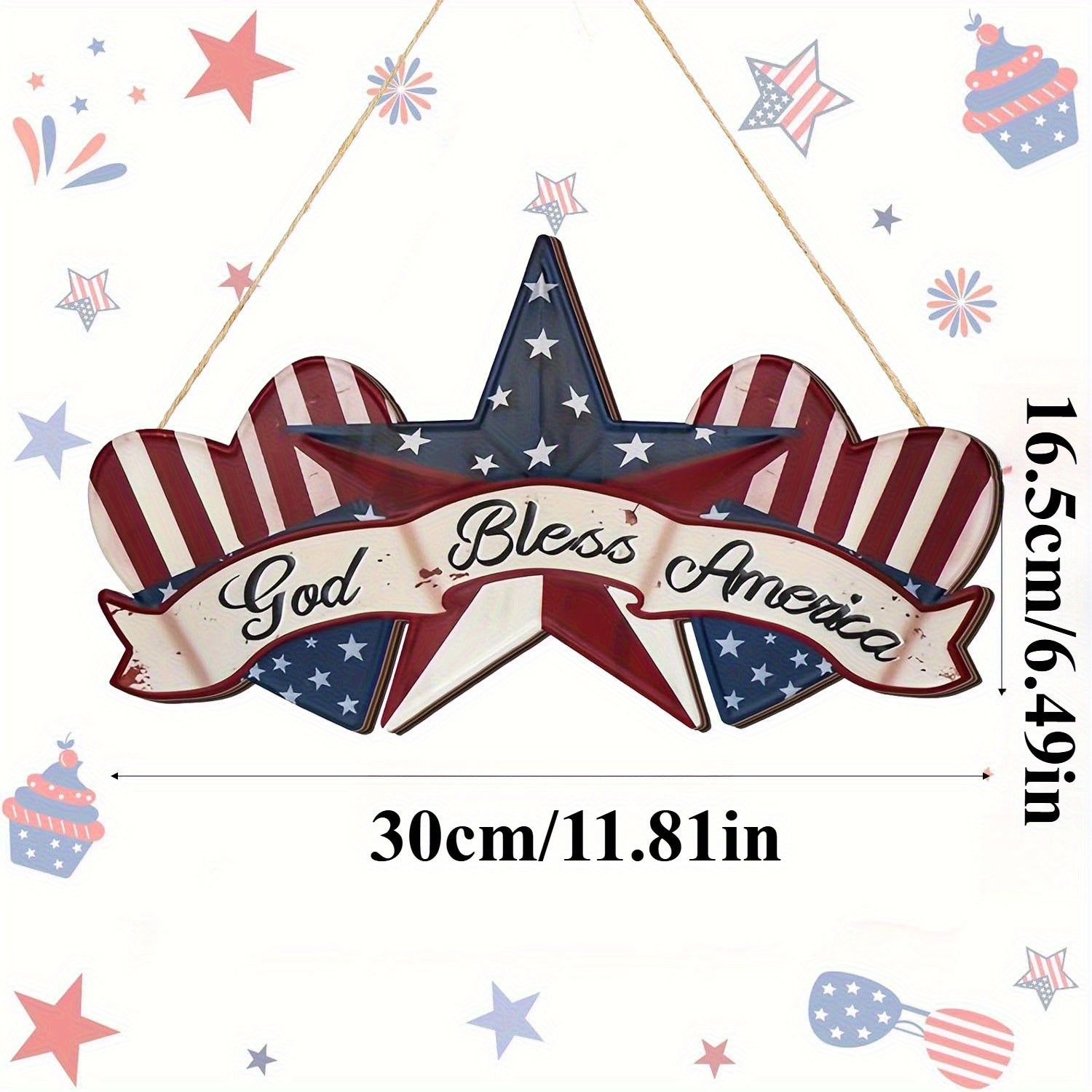 [Patriotic Wall Hangings] Patriotic 2D Flat Rustic Wooden 'God Bless America' Wall Hangings 11.81x6.49in | 4th of July Star and Heart Pendant with Rope, Farmhouse Style Holiday Decoration for Home Porch or Garden, Memorial Da