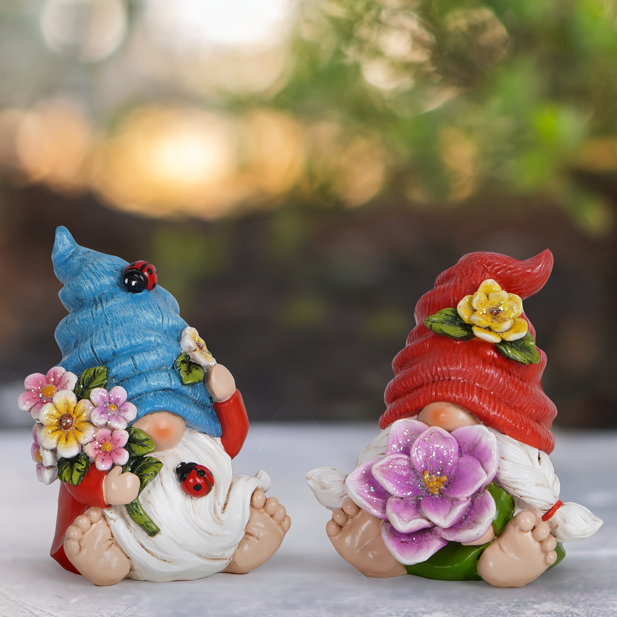 Basen Resin Gnome Figurines, Enchanting Hand-Painted Spring Decorations With Flowers And Ladybugs, Whimsical Red And Blue Hat Ornaments For Easter, Garden, Home Decor, And Gifts