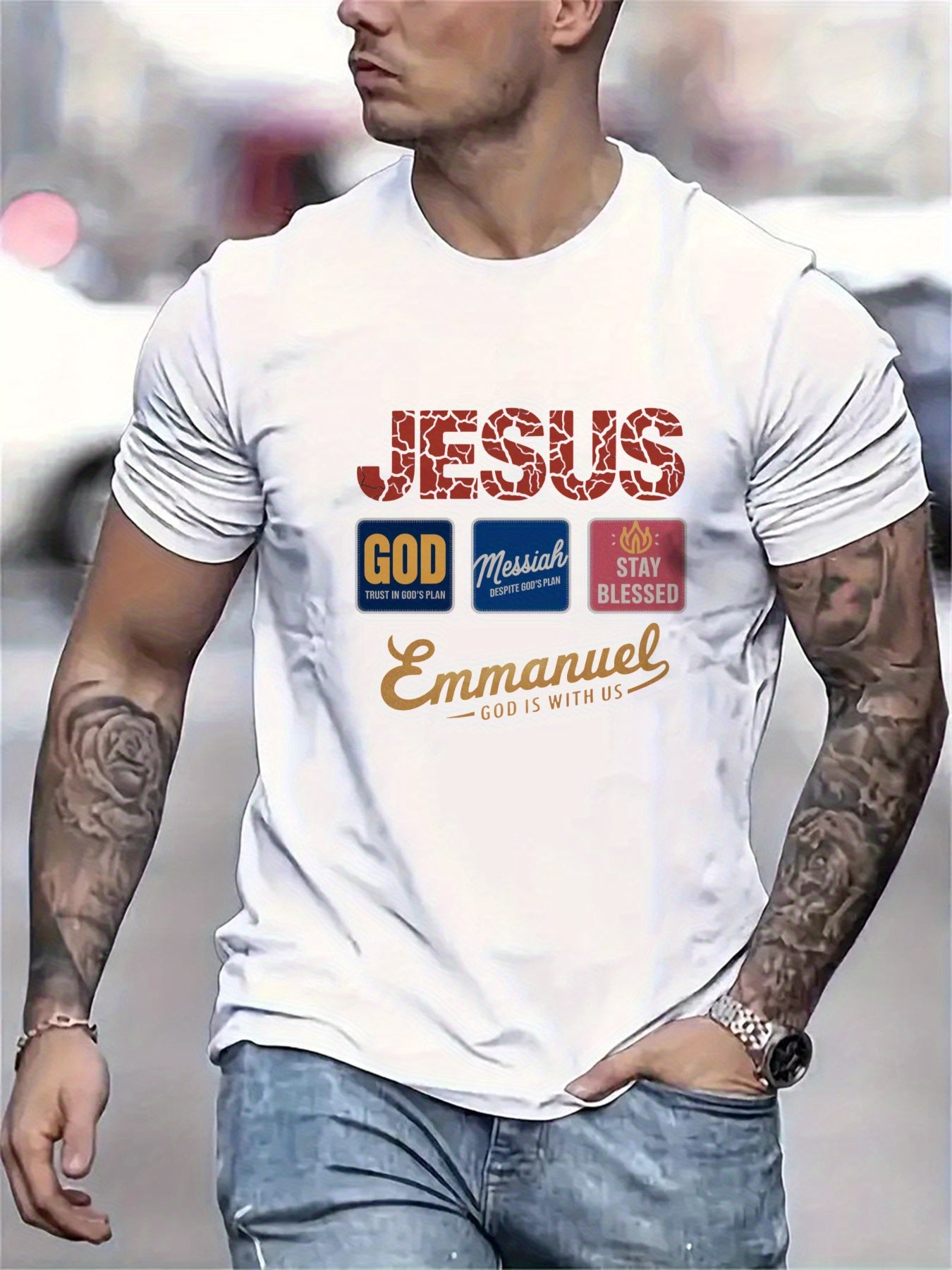 Men's Jessus Godd Messiah Stay Blessed Emmanuel Graphic T-Shirt - Black Religious Design with Scripture References, Soft Breathable Short Sleeve Round Neck Casual Summer Tee, Machine Washable, Everyday Comfort Apparel, Inspirat