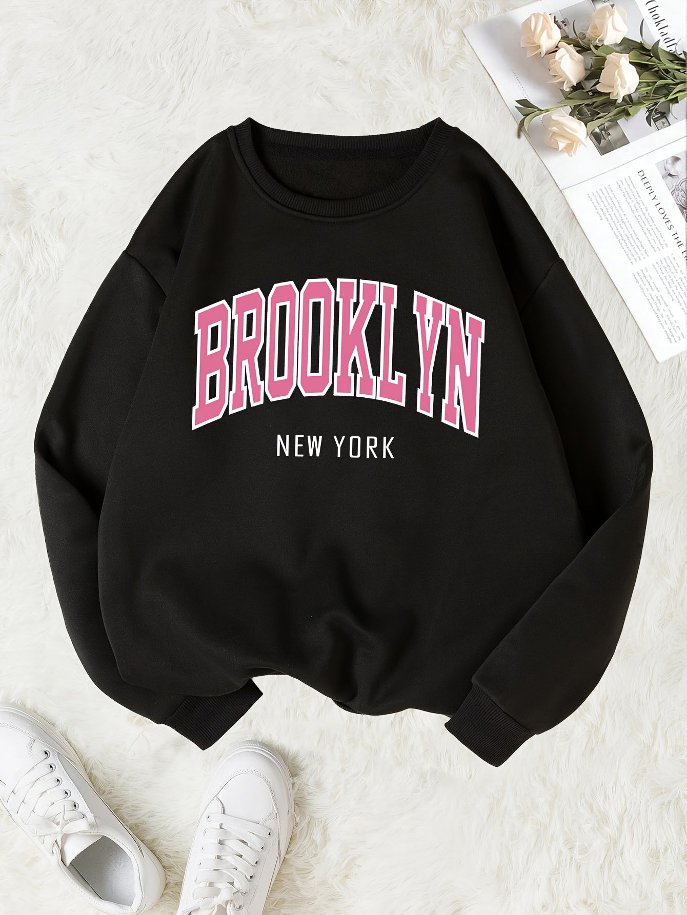 Women's Brooklyn Print Black Pullover Sweater - Cozy Blend, Crew Neck, Long Sleeve, Casual Style for Fall and Winter, Cozy Pullover|Crew Neck Sweater| Blend Fabric