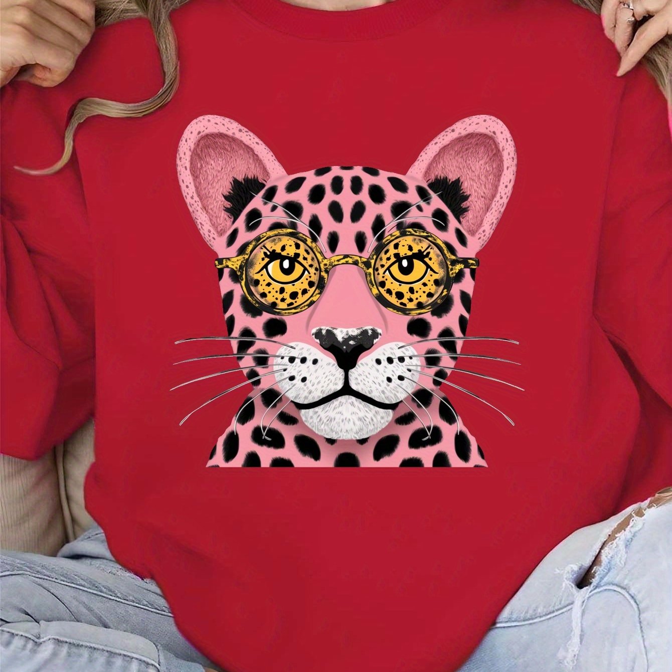 Stylized pink leopard face women's sweatshirts