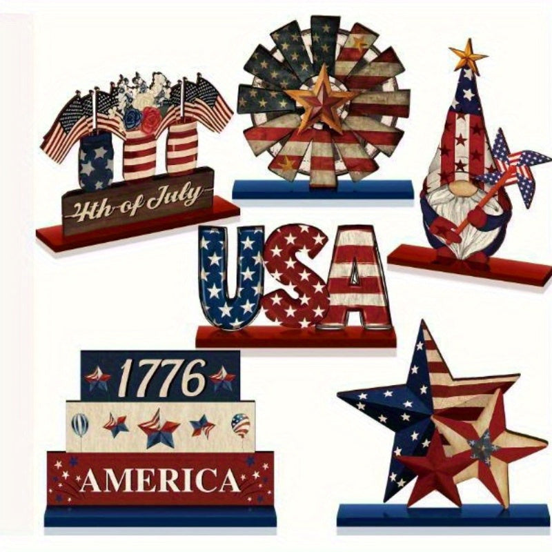 Anniversary and 4th of July Wooden Desktop Decor- Patriotic Country Style Centerpiece, Including Star, Stripe Patterns& Uncle Sam& 1776 Designs, Natural Wood Tiered Tray for Home Office Kitchen Shelf Decoration, Star-Shaped A