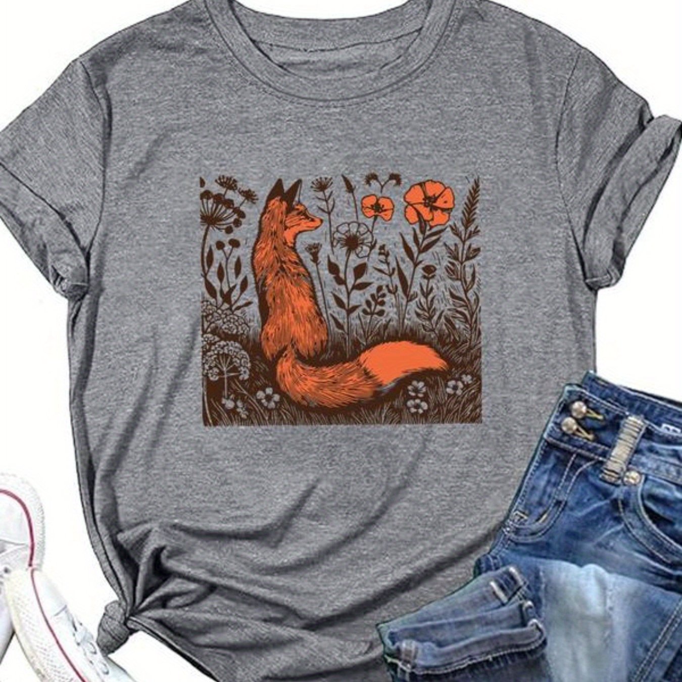 [Soft Cotton T-Shirt] Soft Cotton Women's Rustic Fox & Floral Graphic T-Shirt | High Elasticity Breathable Streetwear Top for Spring/Summer, Casual Daily Wear, Machine Washable Gift, Ladies T Shirts, Everyday Comfort, Streets