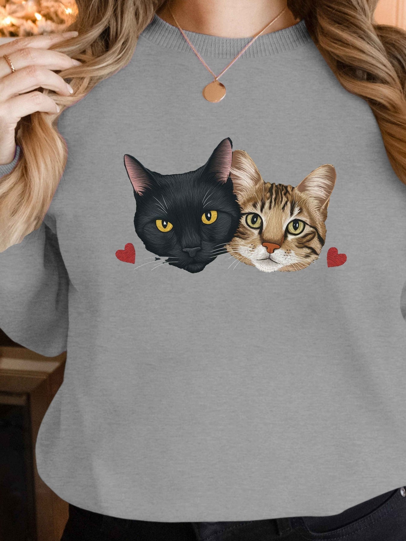 Women's Embroidered Cat Faces Sweatshirt, 250g Polyester, Round Neck, Casual Style for Fall/Winter - Machine Washable
