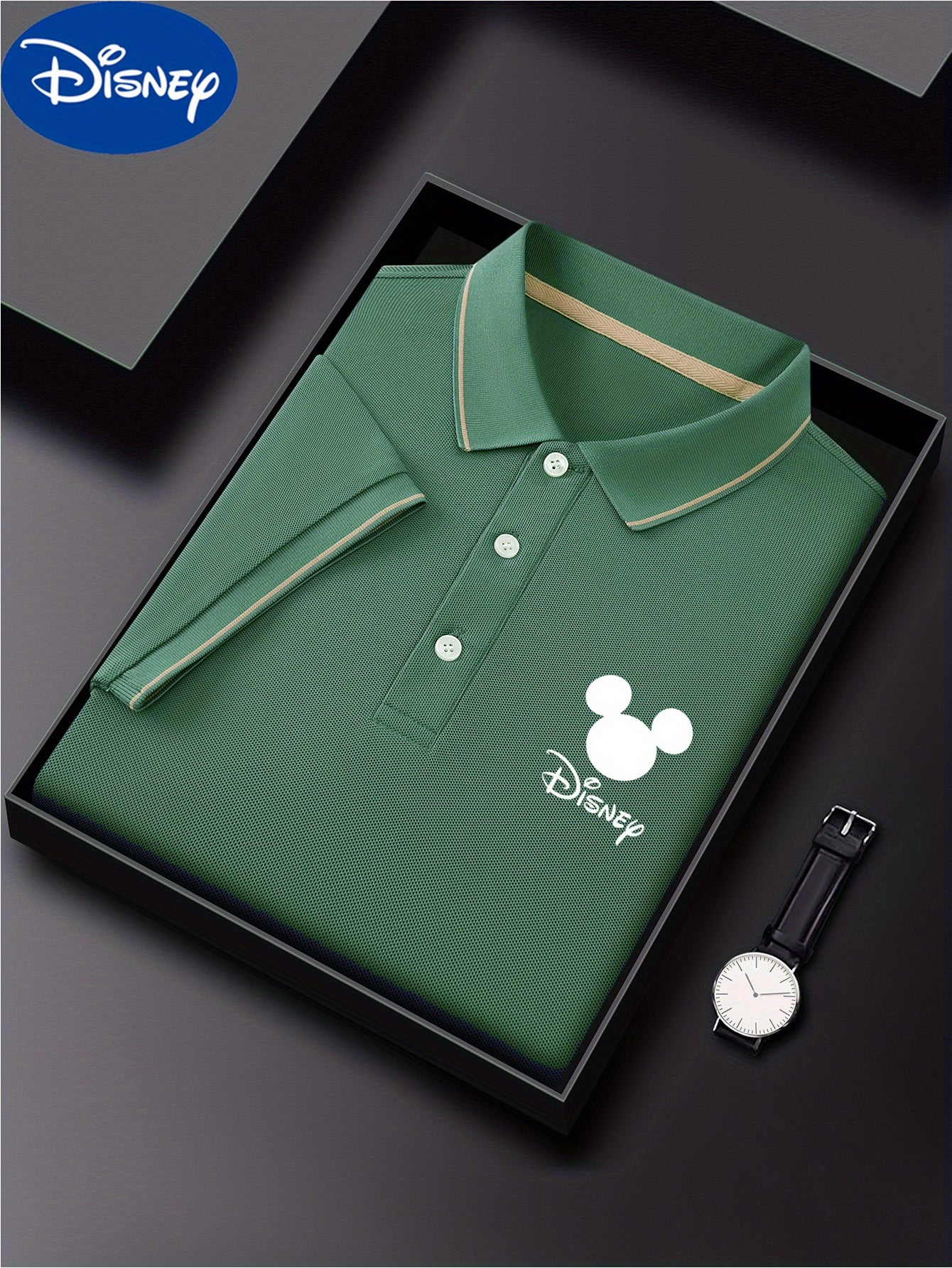 [Disney Genuine Authorized] Men's Classic Shirt One Disney Classic Shirt Cartoon Printing Advanced Business Casual, Short Sleeve Collar, Lightweight Polyester, Quick Drying and Breathable Golf Shirt, Packed in a Display Gift