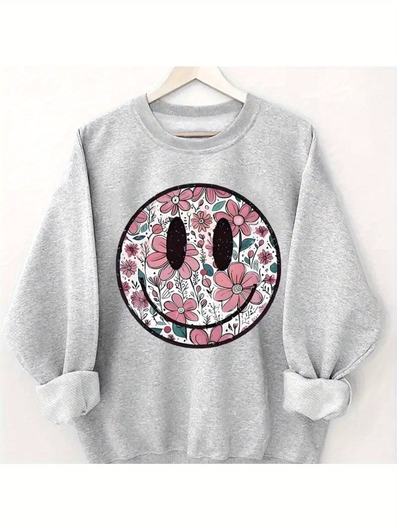 Women's Casual Crew Neck Sweater - Fun Floral joyful Face Print, Cozy Knit Long Sleeve Pullover for Fall/Winter, Grey with Pink & Green Flowers, Machine Washable, Knit Sweater