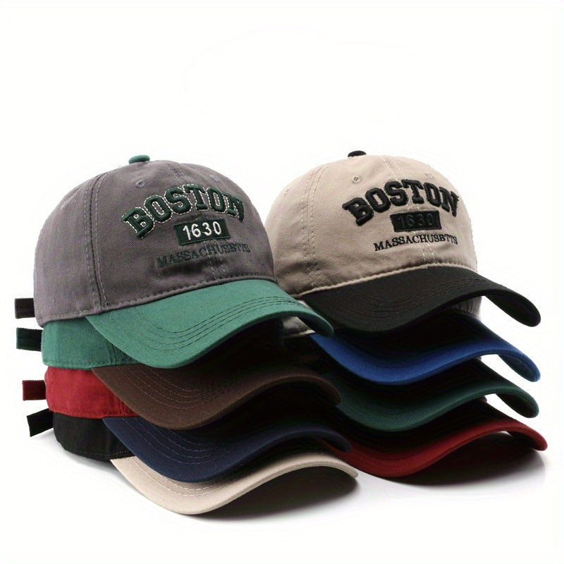 Boston 1630 Embroidered Baseball Cap, Unisex Polyester Adjustable Street Retro Hat, Lightweight Sun Visor Cap for Outdoor Travel, Hand Washable, Stripe Craftsmanship, Occasion Theme