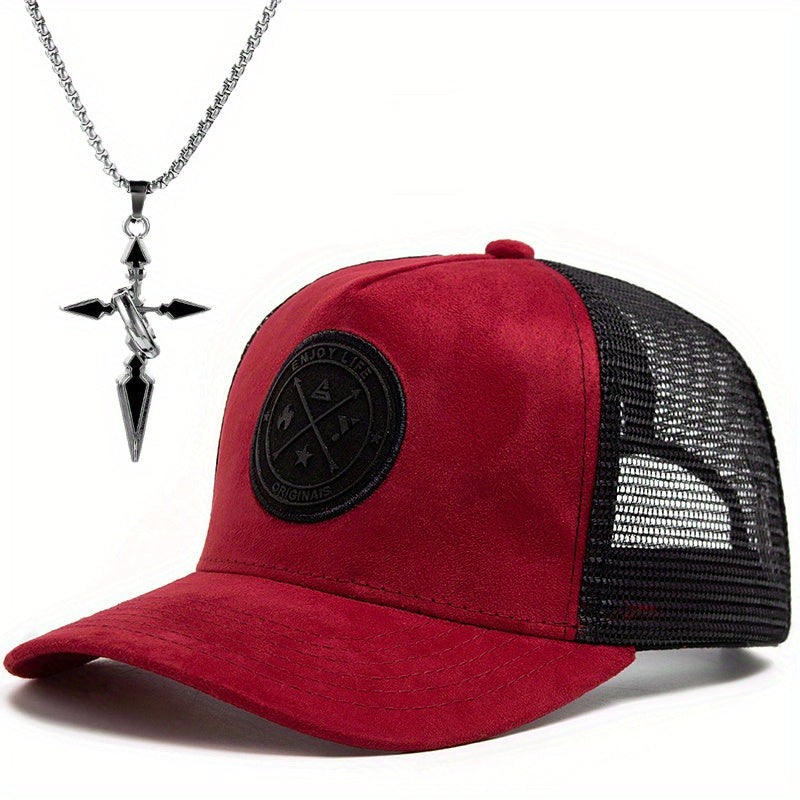 2pcs Men's Street Style Baseball Cap and Cross Necklace Set - Trendy Suede Snapback with Mesh Back, Black & White Design, Fashion Accessory