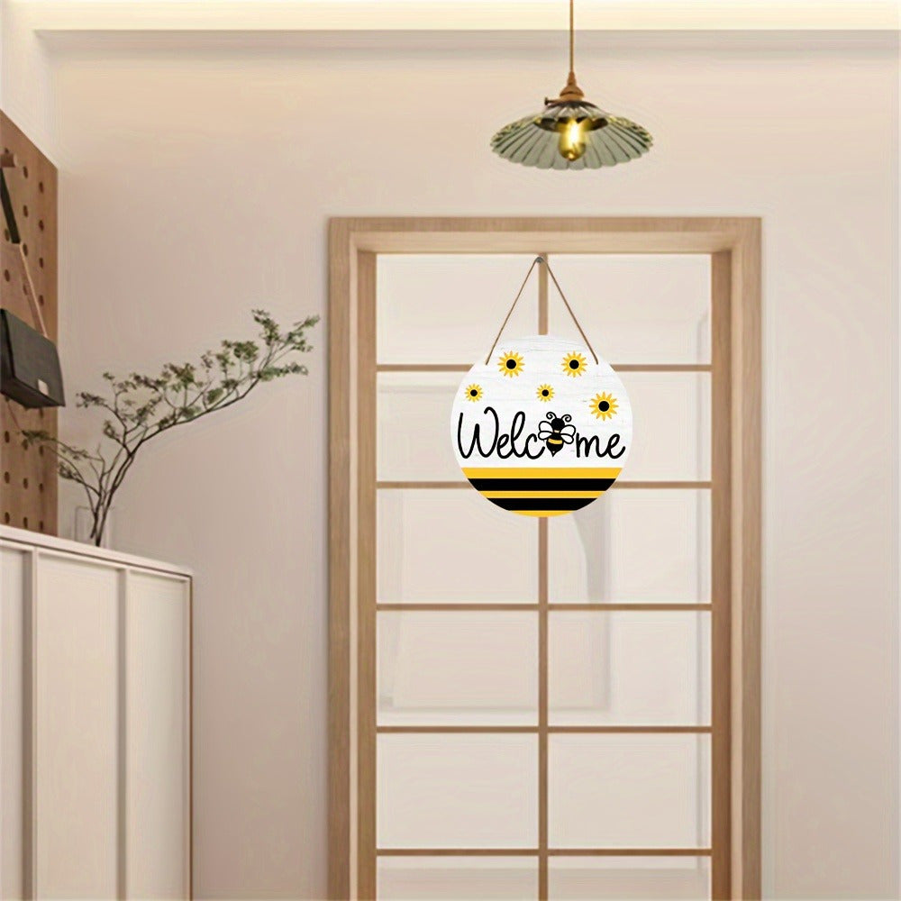 [Art Deco Bee Sign] Whimsical Art Deco Bee-Themed Round Wooden Hanging Sign | Welcome Wall Decor, Festive Christmas Ornament, Retro Plaque, No Electricity Required, for Home & Room Decoration