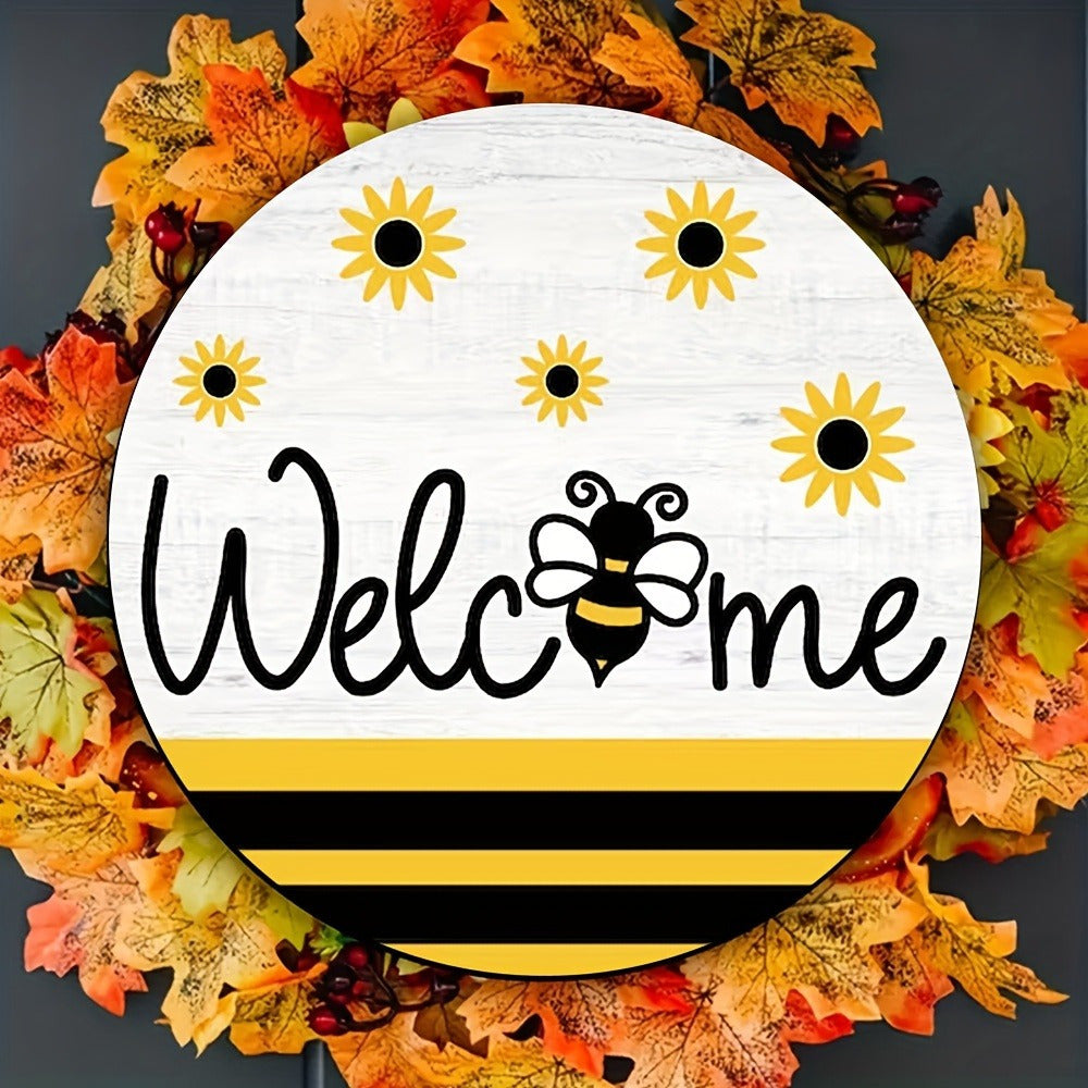 [Art Deco Bee Sign] Whimsical Art Deco Bee-Themed Round Wooden Hanging Sign | Welcome Wall Decor, Festive Christmas Ornament, Retro Plaque, No Electricity Required, for Home & Room Decoration