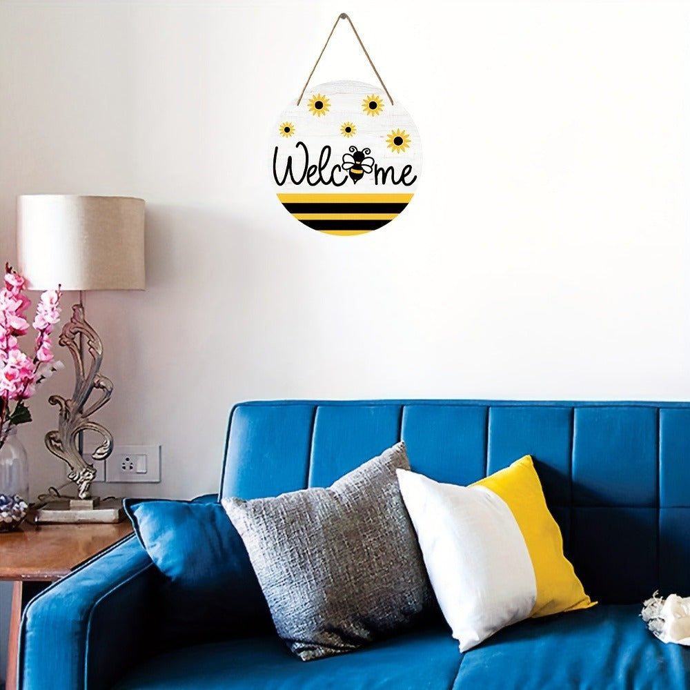 [Art Deco Bee Sign] Whimsical Art Deco Bee-Themed Round Wooden Hanging Sign | Welcome Wall Decor, Festive Christmas Ornament, Retro Plaque, No Electricity Required, for Home & Room Decoration