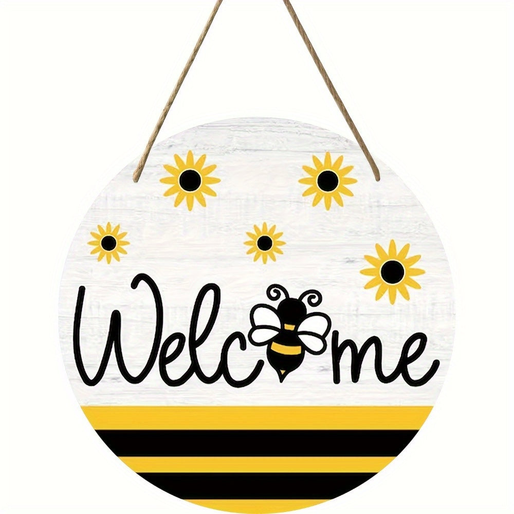 [Art Deco Bee Sign] Whimsical Art Deco Bee-Themed Round Wooden Hanging Sign | Welcome Wall Decor, Festive Christmas Ornament, Retro Plaque, No Electricity Required, for Home & Room Decoration