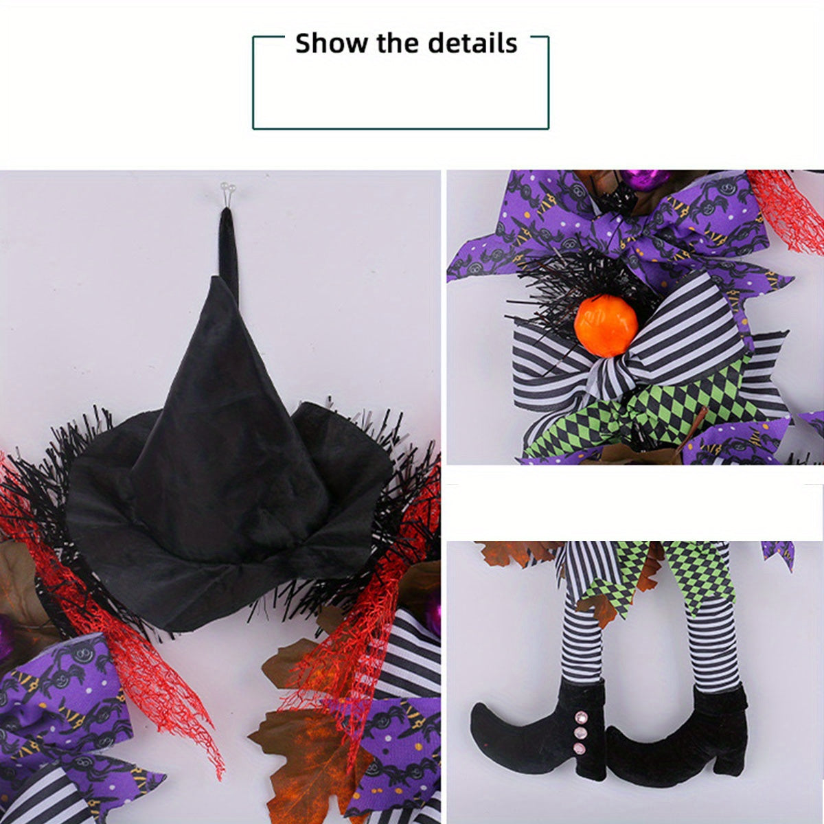 Halloween Wreath, Halloween Witch Decorations, Halloween Door Decor Garden Hanging Witch Garland Pendant with Witch Hat Legs for Front Door, Witch Wreath