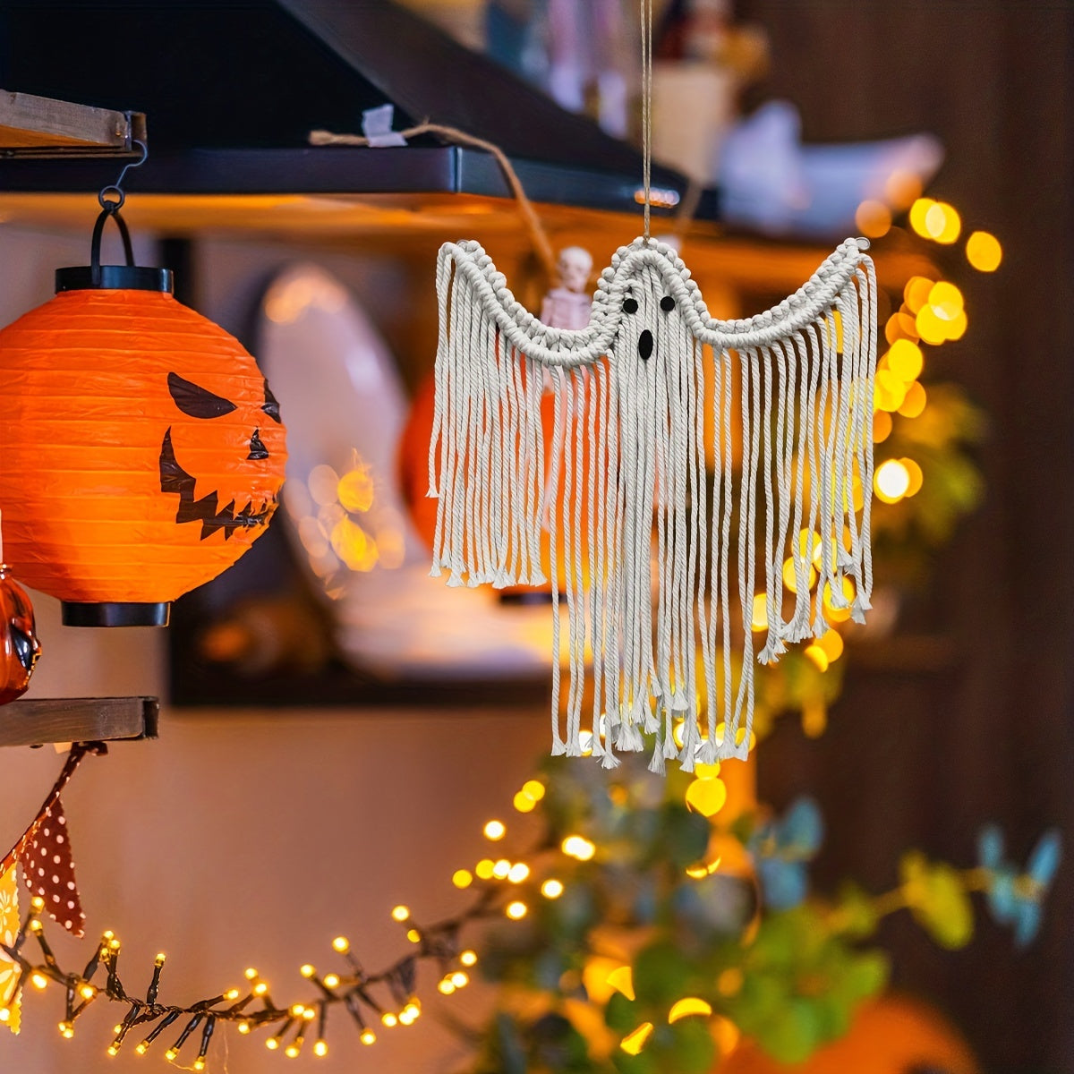 Halloween Hand-woven Cotton Ghost Hanging Ornaments, White Ghost Wall Hanging Holiday Scene Arrangement Decorations, Halloween Holiday Decor, Indoor & Outdoor Universal