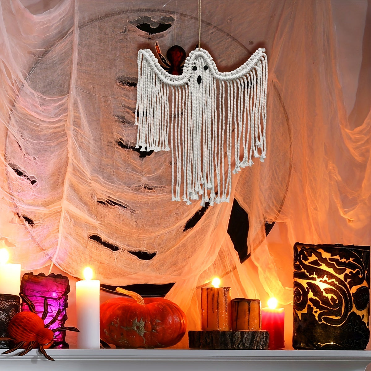 Halloween Hand-woven Cotton Ghost Hanging Ornaments, White Ghost Wall Hanging Holiday Scene Arrangement Decorations, Halloween Holiday Decor, Indoor & Outdoor Universal