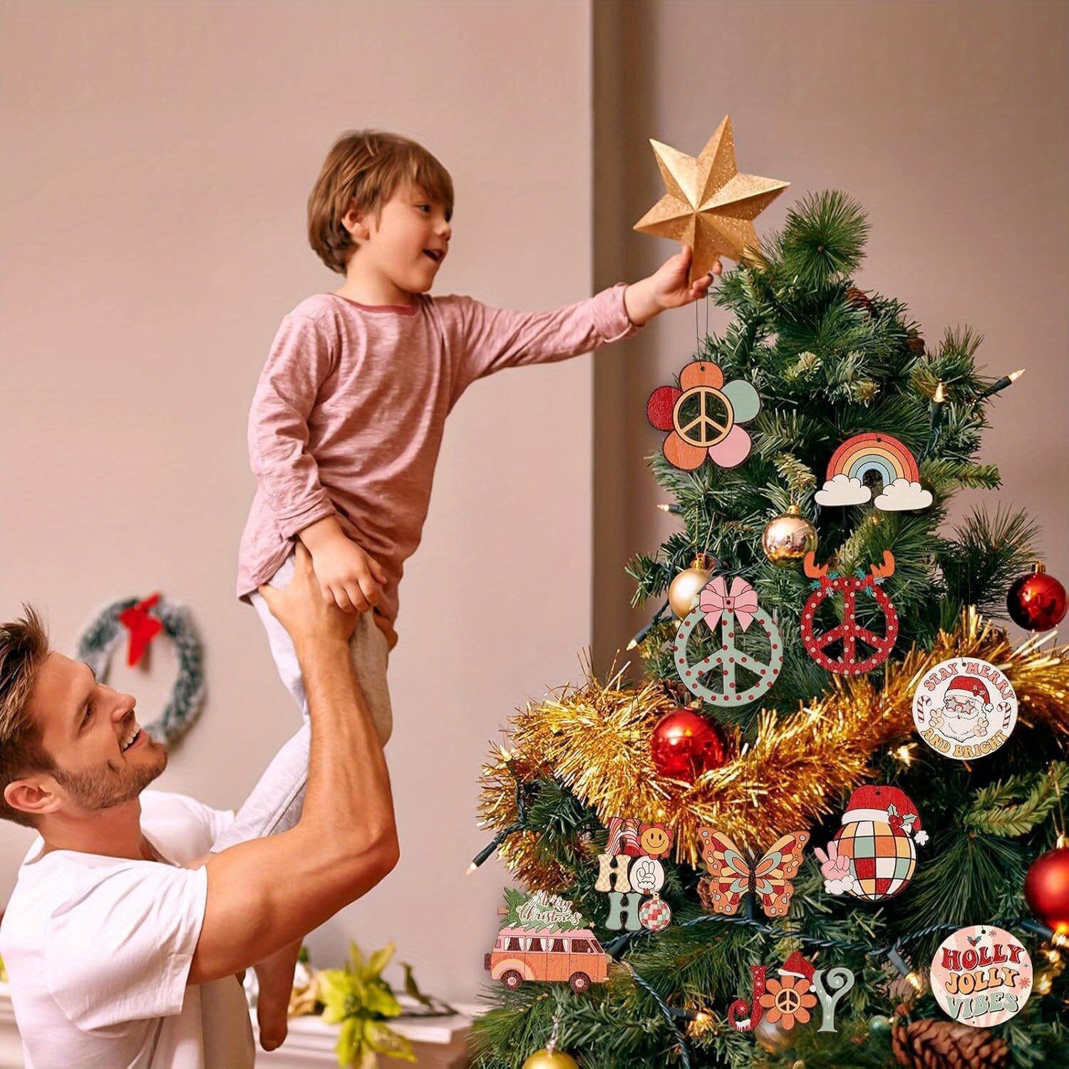 Christmas Tree Wooden Pendant - 12/24pcs Cute Candy Color Flower Butterfly Rainbow Bus Santa Claus Decoration