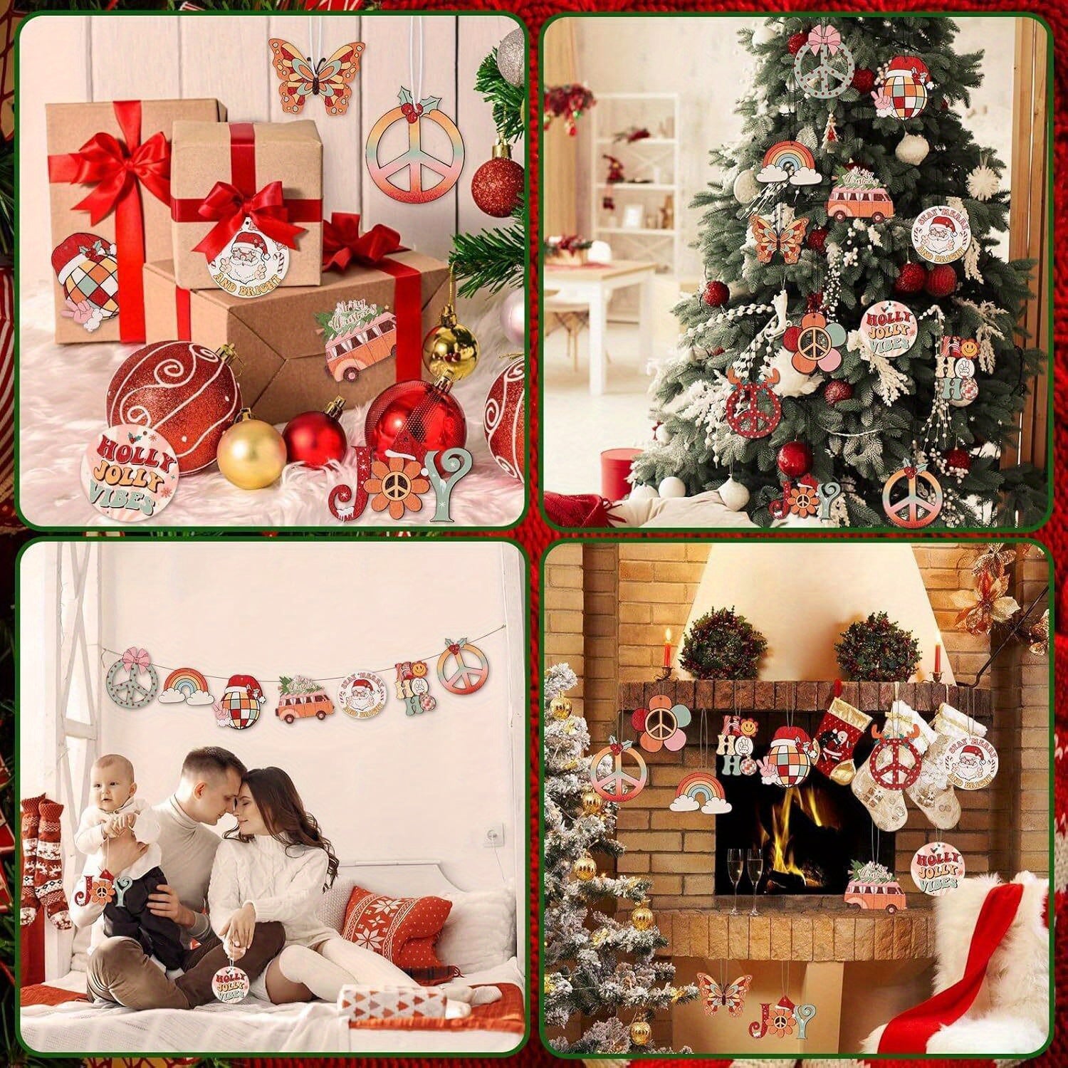 Christmas Tree Wooden Pendant - 12/24pcs Cute Candy Color Flower Butterfly Rainbow Bus Santa Claus Decoration