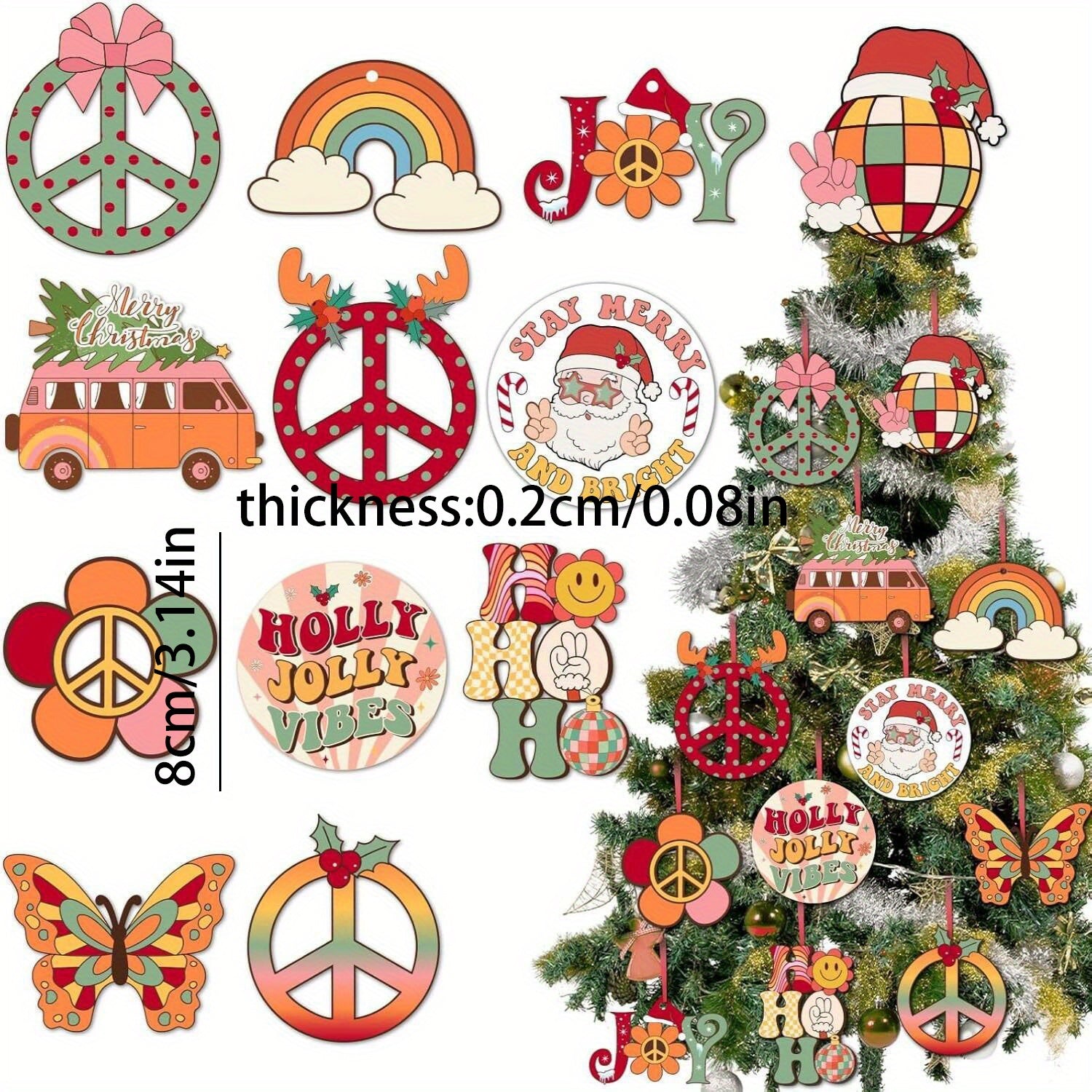 Christmas Tree Wooden Pendant - 12/24pcs Cute Candy Color Flower Butterfly Rainbow Bus Santa Claus Decoration