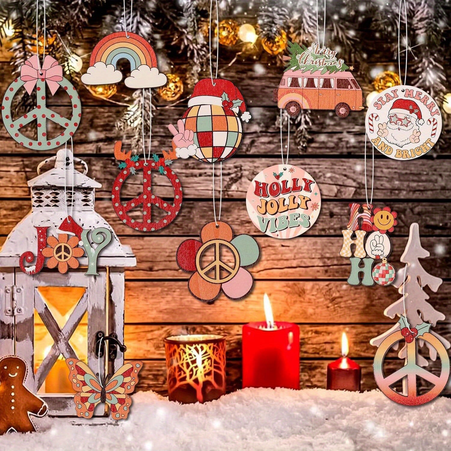 Christmas Tree Wooden Pendant - 12/24pcs Cute Candy Color Flower Butterfly Rainbow Bus Santa Claus Decoration