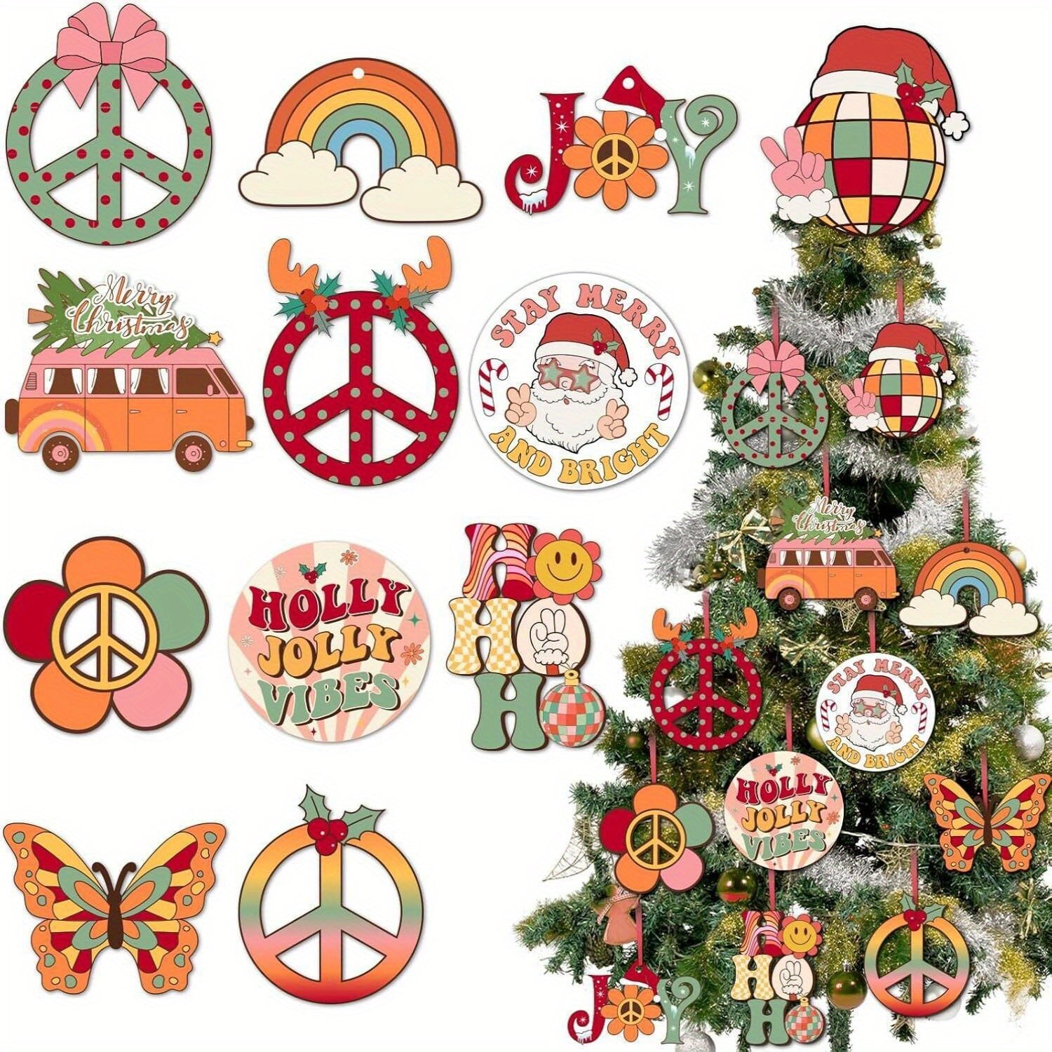 Christmas Tree Wooden Pendant - 12/24pcs Cute Candy Color Flower Butterfly Rainbow Bus Santa Claus Decoration