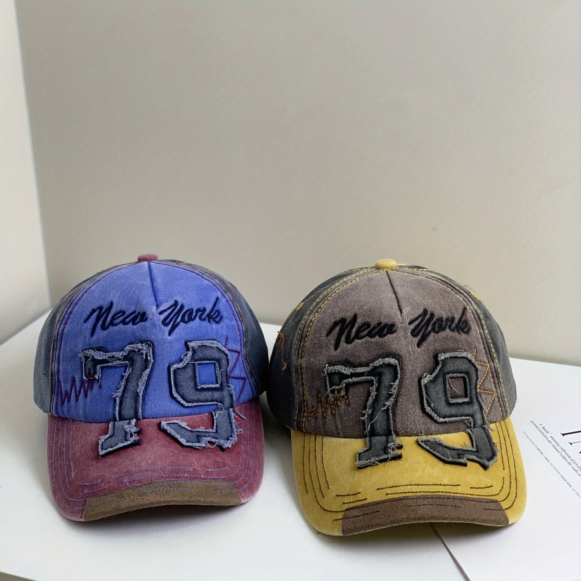 Vintage 1979 New York Embroidered Baseball Cap - Retro Color Block, Adjustable, Breathable, Distressed Design, Mesh Panel for Casual Fall/Winter Wear