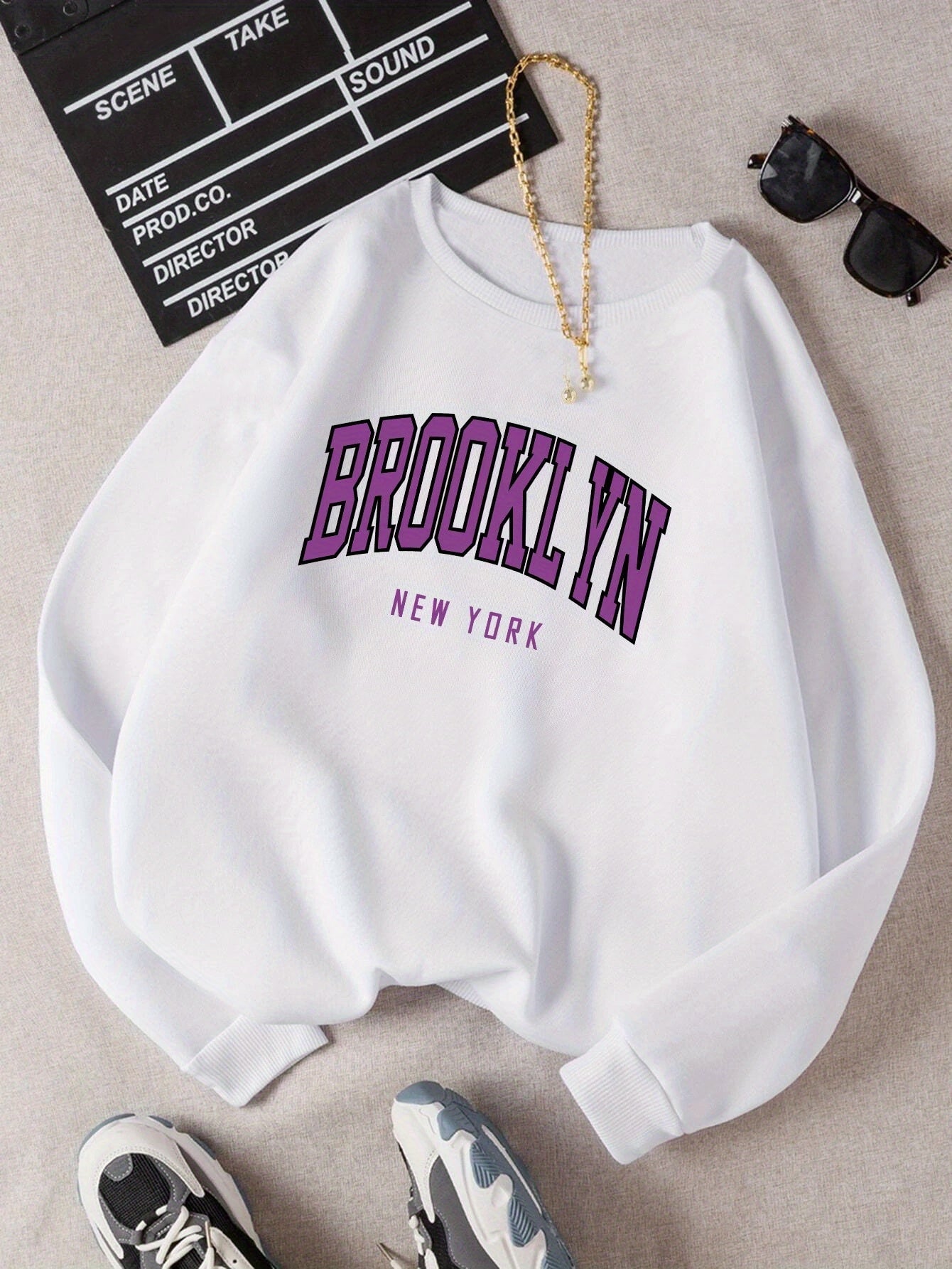 Women's Brooklyn New York Letter Print Sweater - Casual White Crew Neck Knit Jumper, Polyester Blend, Perfect for Fall and Winter Fashion