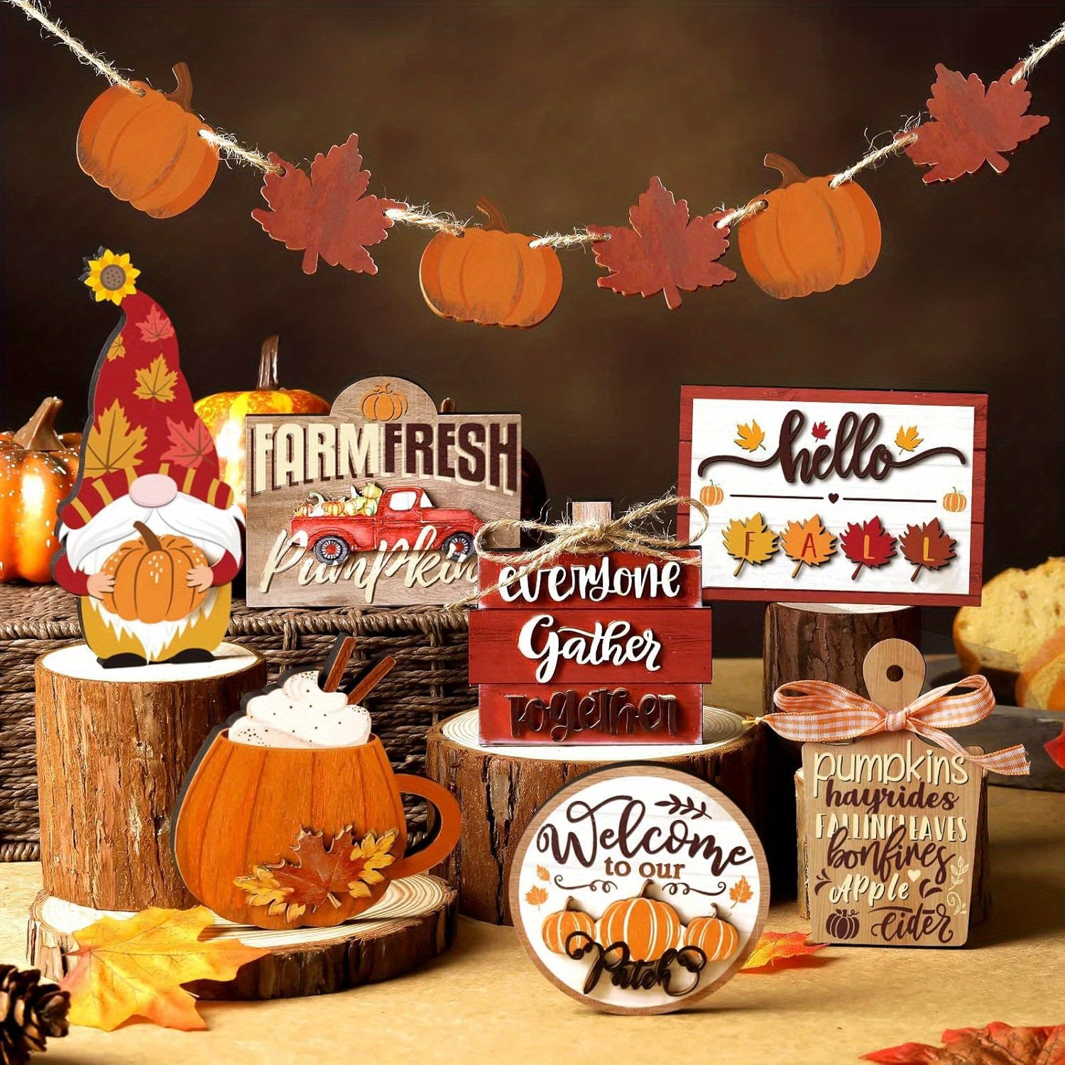 Fall Tiered Tray Decor Pumpkins Farmhouse Decor Autumn Maple Leaf Table Centerpieces Thanksgiving Harvest Wood Blocks Signs for Home Decor Halloween Christmas Gift