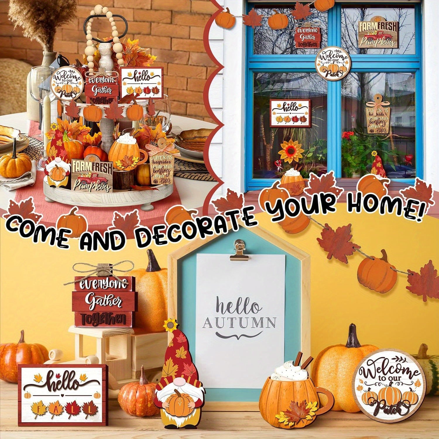 Fall Tiered Tray Decor Pumpkins Farmhouse Decor Autumn Maple Leaf Table Centerpieces Thanksgiving Harvest Wood Blocks Signs for Home Decor Halloween Christmas Gift