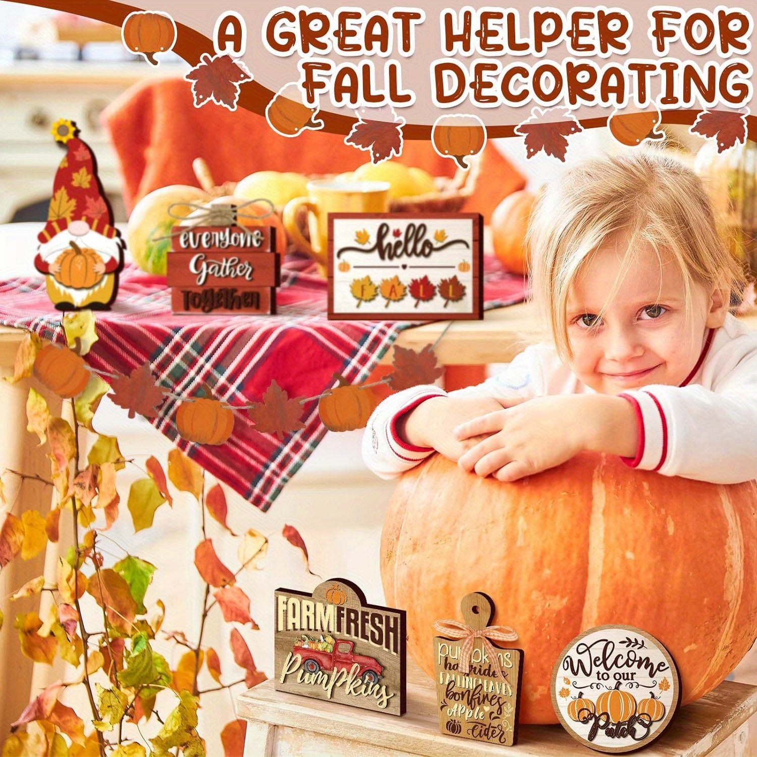 Fall Tiered Tray Decor Pumpkins Farmhouse Decor Autumn Maple Leaf Table Centerpieces Thanksgiving Harvest Wood Blocks Signs for Home Decor Halloween Christmas Gift