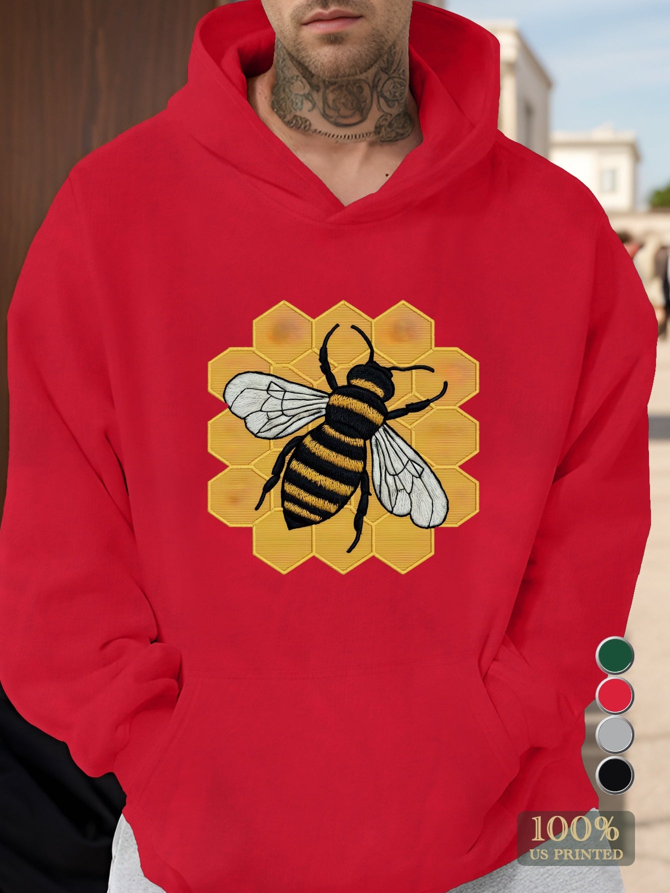 honeycomb detailed embroidered bee illustration men's hoodies