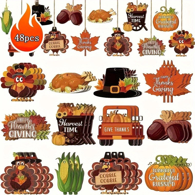 With Hemp Rope, Thanksgiving Turkey Maple Leaf Decorated Pendant, Wooden Pumpkin Maple Leaf Hat Hanging Decoration, Family Dinner Holiday Harvest Decoration
