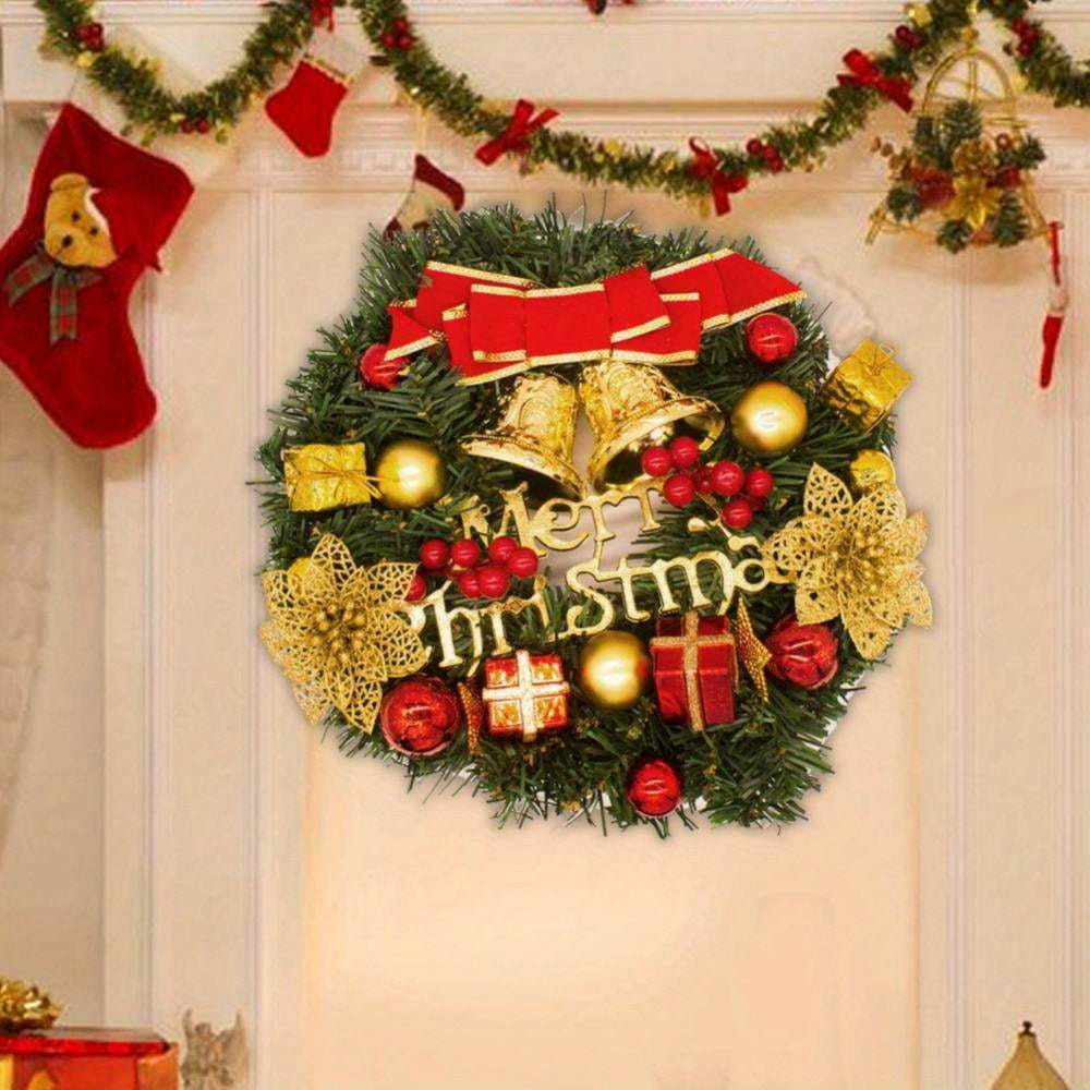[Christmas Wreath for Front Door] 12 inch Artificial Poinsettia Christmas Wreath - Reef with Bowknot, Poinsettia Flowers, Bells, Xmas Pinecones Decor for Wall Home