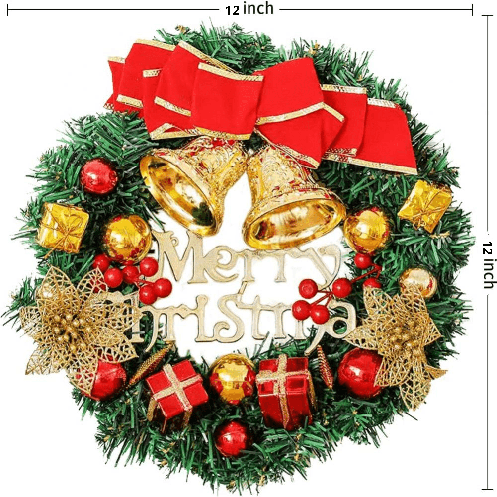 [Christmas Wreath for Front Door] 12 inch Artificial Poinsettia Christmas Wreath - Reef with Bowknot, Poinsettia Flowers, Bells, Xmas Pinecones Decor for Wall Home