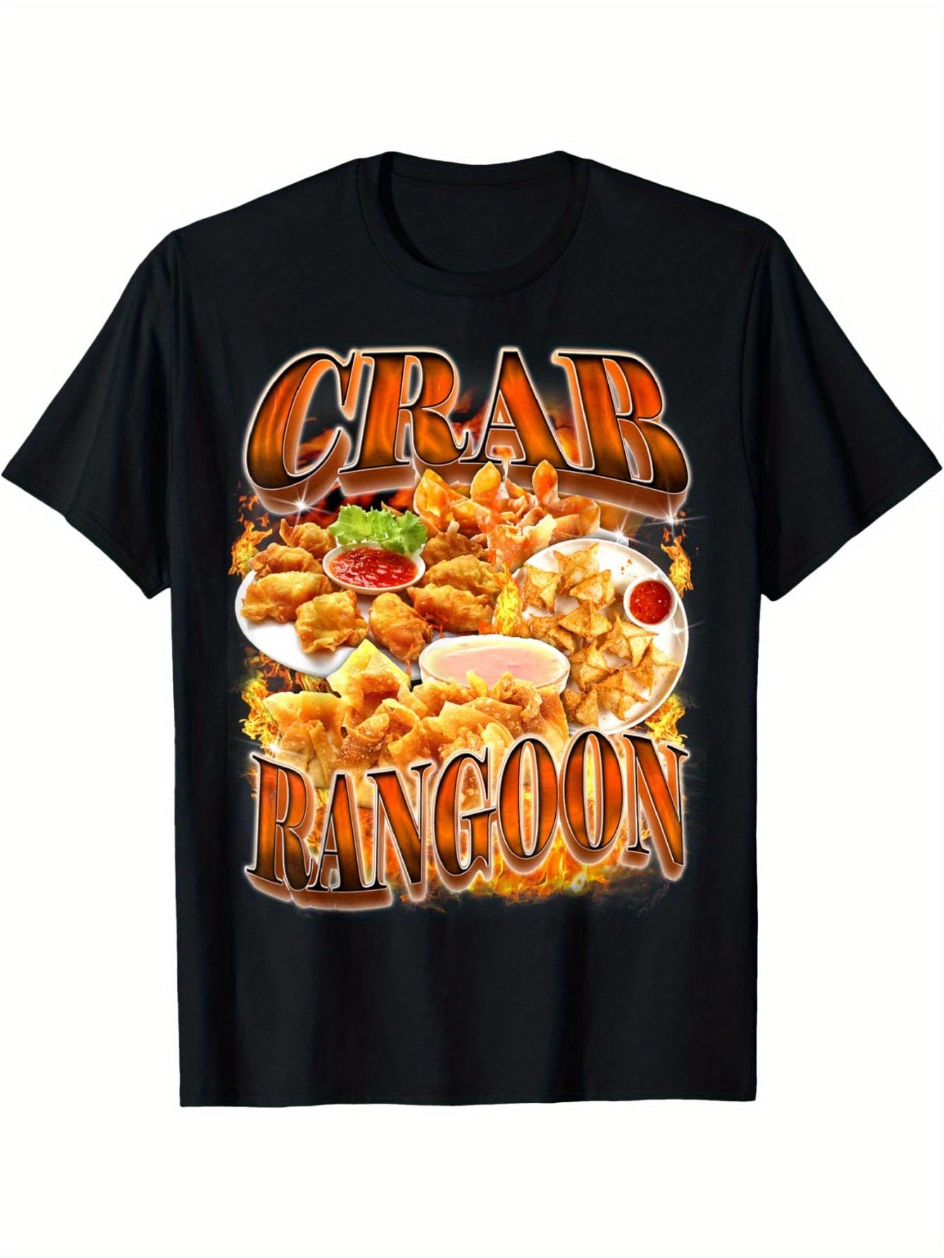 1pc Crab Rangoon Meme Graphic T-Shirt - 100% Cotton, Crew Neck, Short Sleeve, Regular Fit, All-Season, Knit Fabric, Medium Stretch, Geometric Pattern, Digital Direct Injection, 180g/m², Casual & Daily Wear for Adults