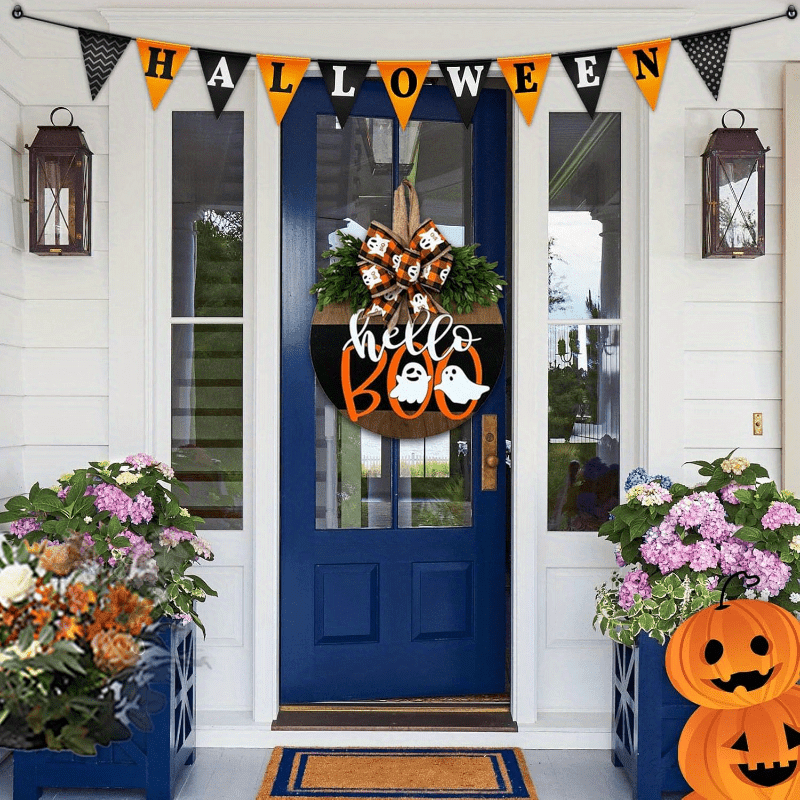 Halloween Door Sign Hanger Decorations, Cute Halloween Ghost Decor Welcome Wood Wreaths for Front Door Farmhouse Porch Wall Decor Outdoor (Halloween Ghost)