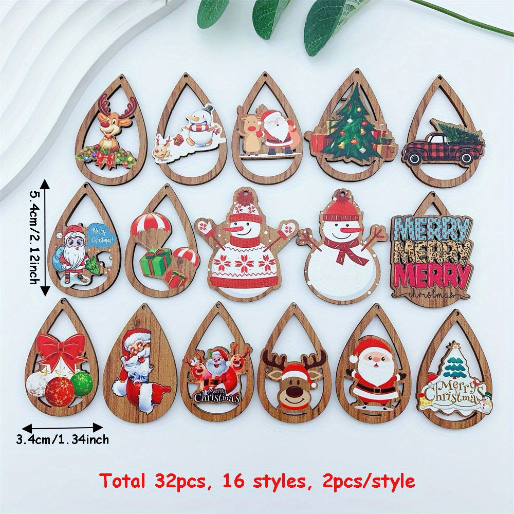 16 Styles Christmas DIY Wooden Pendants For DIY Earrings Cute Handmade Christmas Tree Snowman Elk Wooden Pendant Charms Accessories