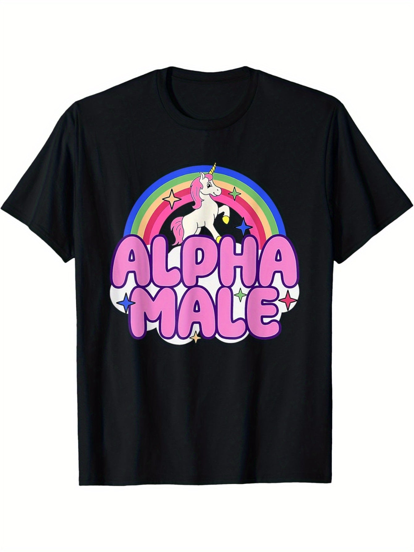 [Funny Alpha Male Unicorn Tee] Black Cotton Funny Alpha Male Unicorn Graphic Tee | Men's Sarcastic Y2K Humor and Quirky Style