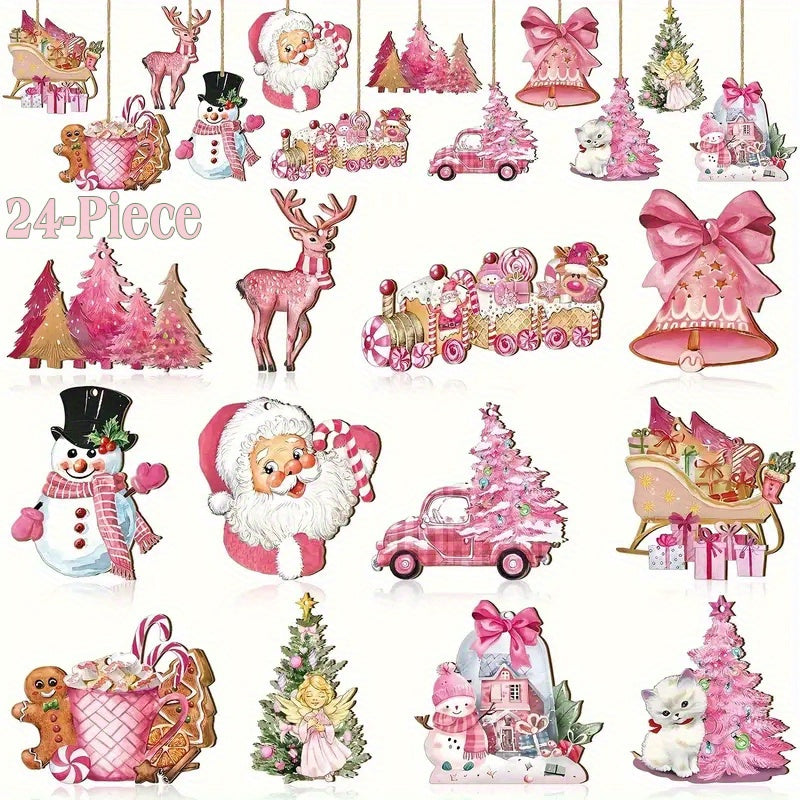 Pink Christmas Wooden Ornaments: Modern, Love-Themed, Christmas Tree Hanging Pendant, Santa, Animals, Evergreens, Snowman, Reindeer, Gingerbread Man, Bells Wooden Decorations for Seasonal With Ropes For Home Decoration