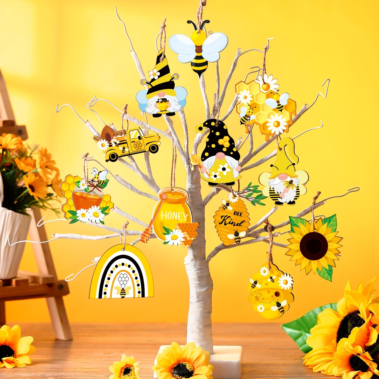 [Bee Wooden Ornaments] 24pcs Wooden Bee Ornaments | Bee Hanging Sign, Bee Gnome, Wood Hanging Decoration for Bee Themed Party
