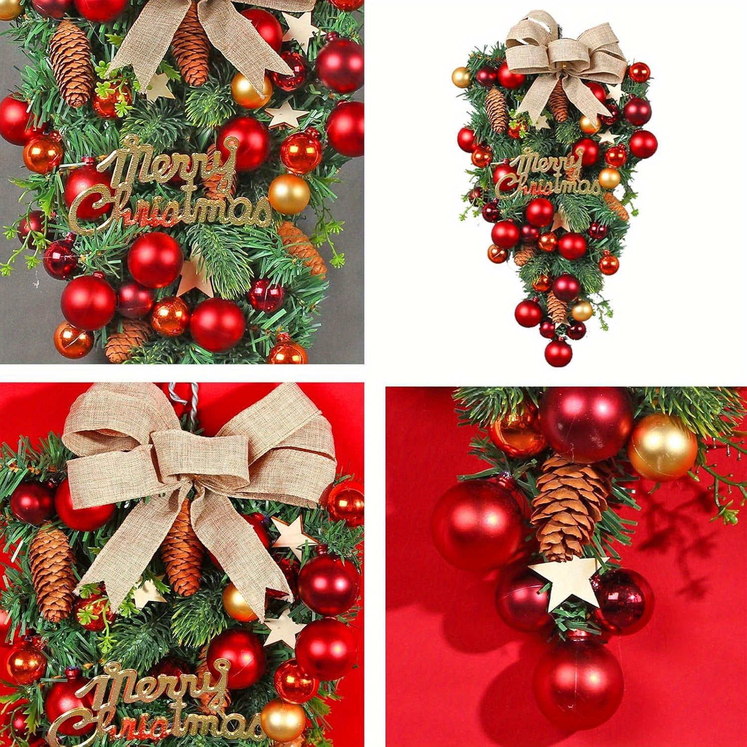 Vintage Door Hanging Christmas Decor, Vintage Style Holiday Christmas Wreath, Durable and Charming Door Hanging Decoration with Red Berries and Bows, Suitable for Doors, Stairs and Living Room Holiday Decorations, Perfect for