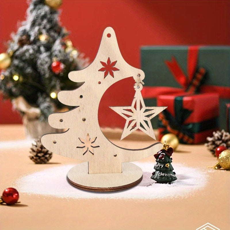 [Christmas Tree Wooden Tabletop Pendant] Christmas Tree and Star Tabletop Pendant, Wooden Holiday Decor, Log Material, No Electricity Required, Featherless, Festive Ornament for Seasonal Display
