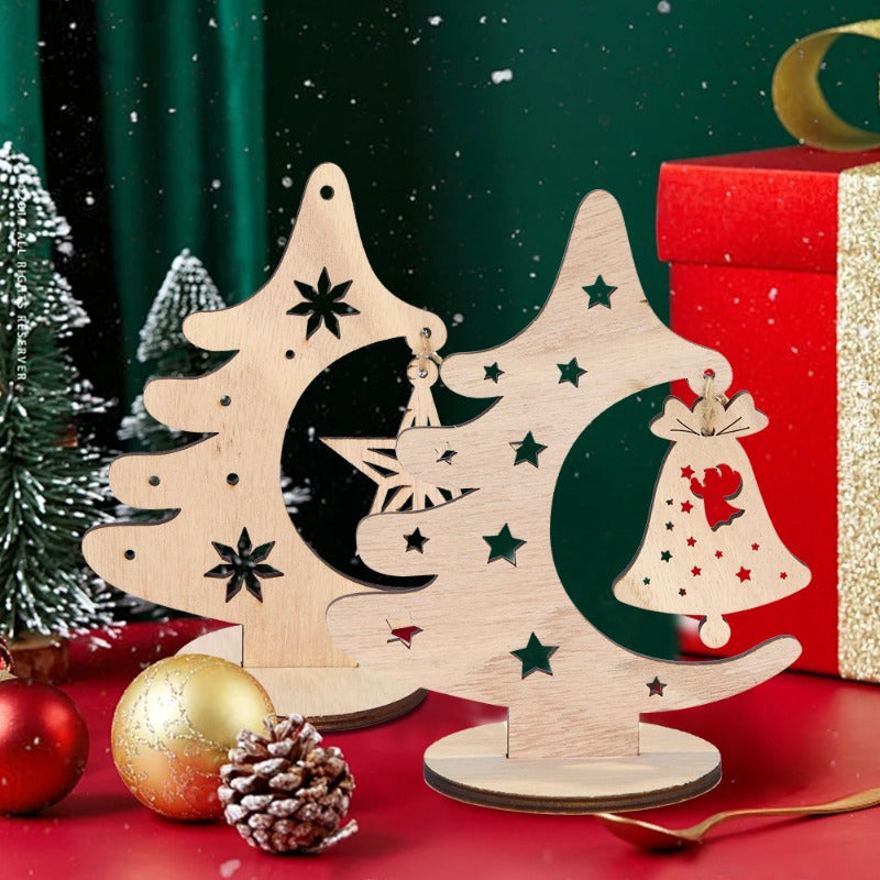 [Christmas Tree Wooden Tabletop Pendant] Christmas Tree and Star Tabletop Pendant, Wooden Holiday Decor, Log Material, No Electricity Required, Featherless, Festive Ornament for Seasonal Display