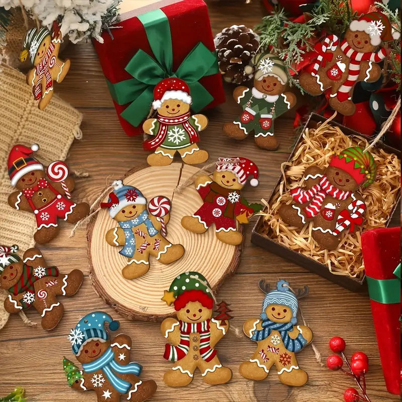 Gingerbread Man Christmas Ornaments Set- Cute Wooden Holiday Tree Decorations, Perfect for Family & Friends Party, Room and Kitchen Festive Hanging Decor