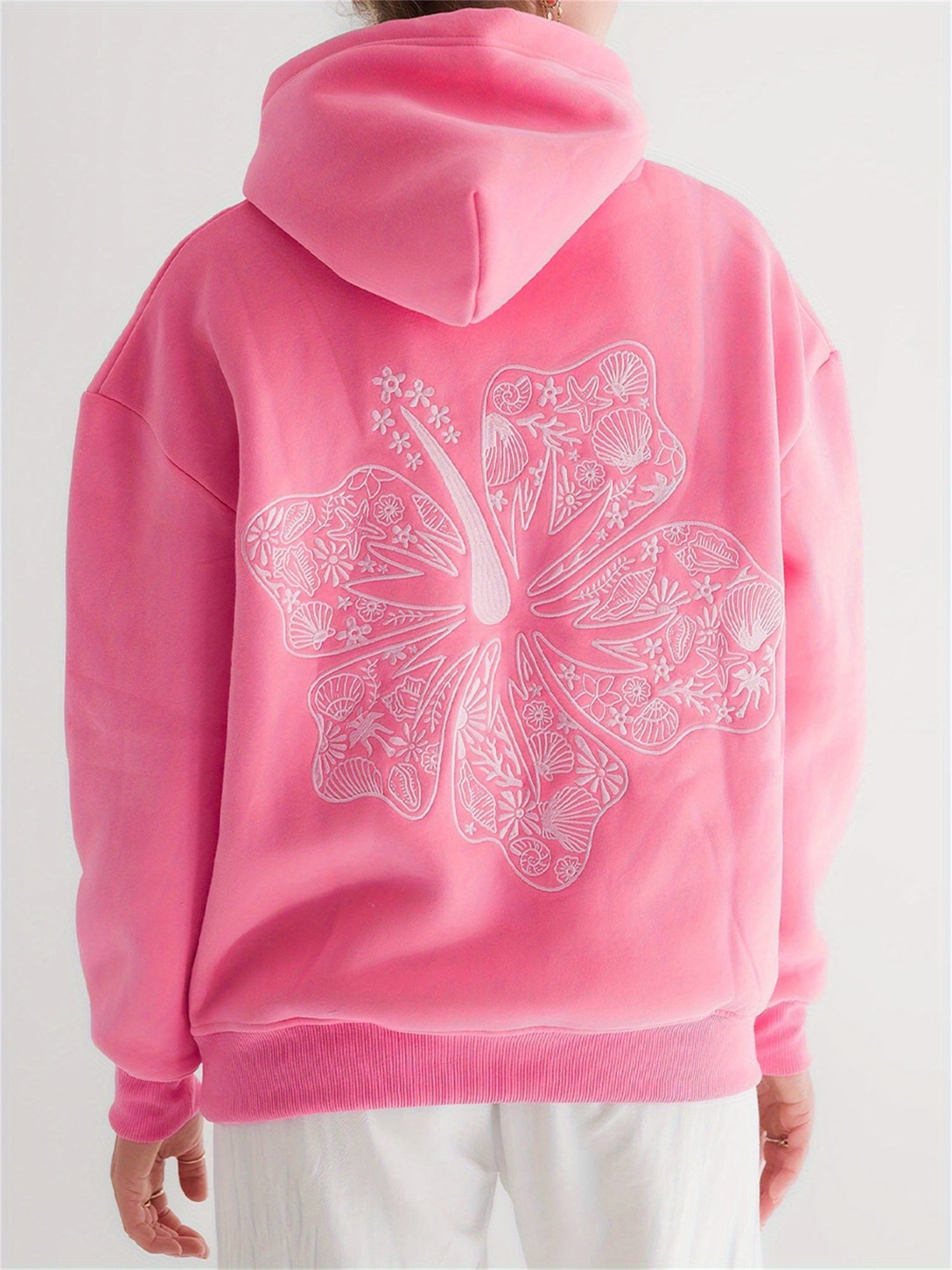 [Everyday Comfort] Women's Casual Pink Hoodie with Seashell & Palm Embroidery - Long Sleeve, Zip-Up, Oversized Beach Sweatshirt, 100% Polyester, Machine Washable - Perfect for Streetwear & Relaxation