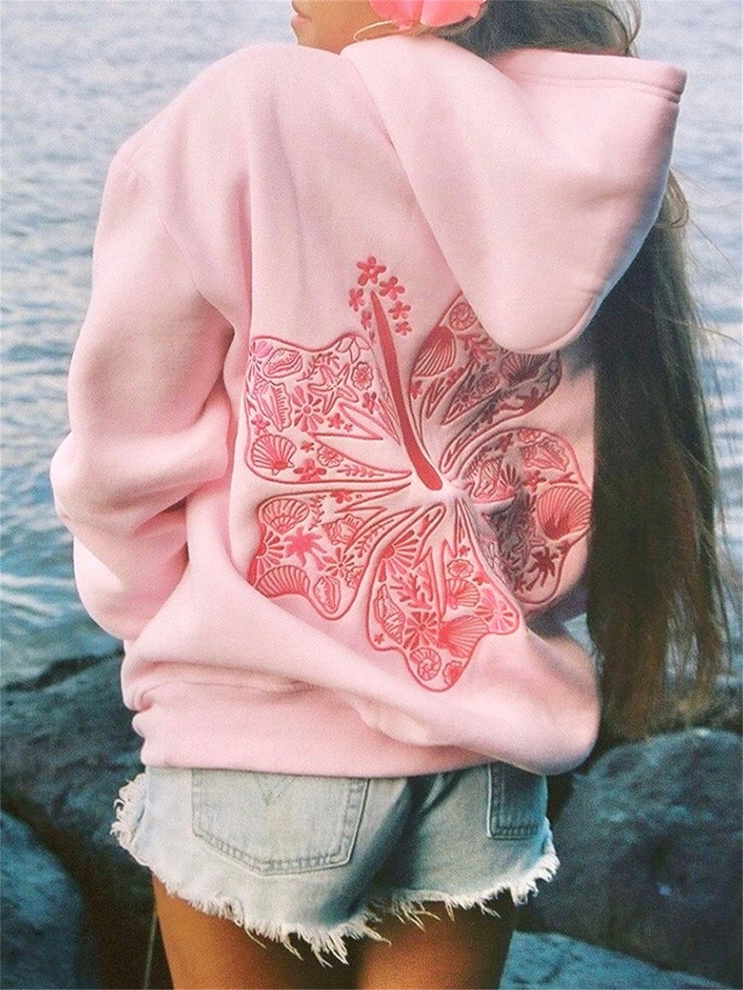 [Everyday Comfort] Women's Casual Pink Hoodie with Seashell & Palm Embroidery - Long Sleeve, Zip-Up, Oversized Beach Sweatshirt, 100% Polyester, Machine Washable - Perfect for Streetwear & Relaxation