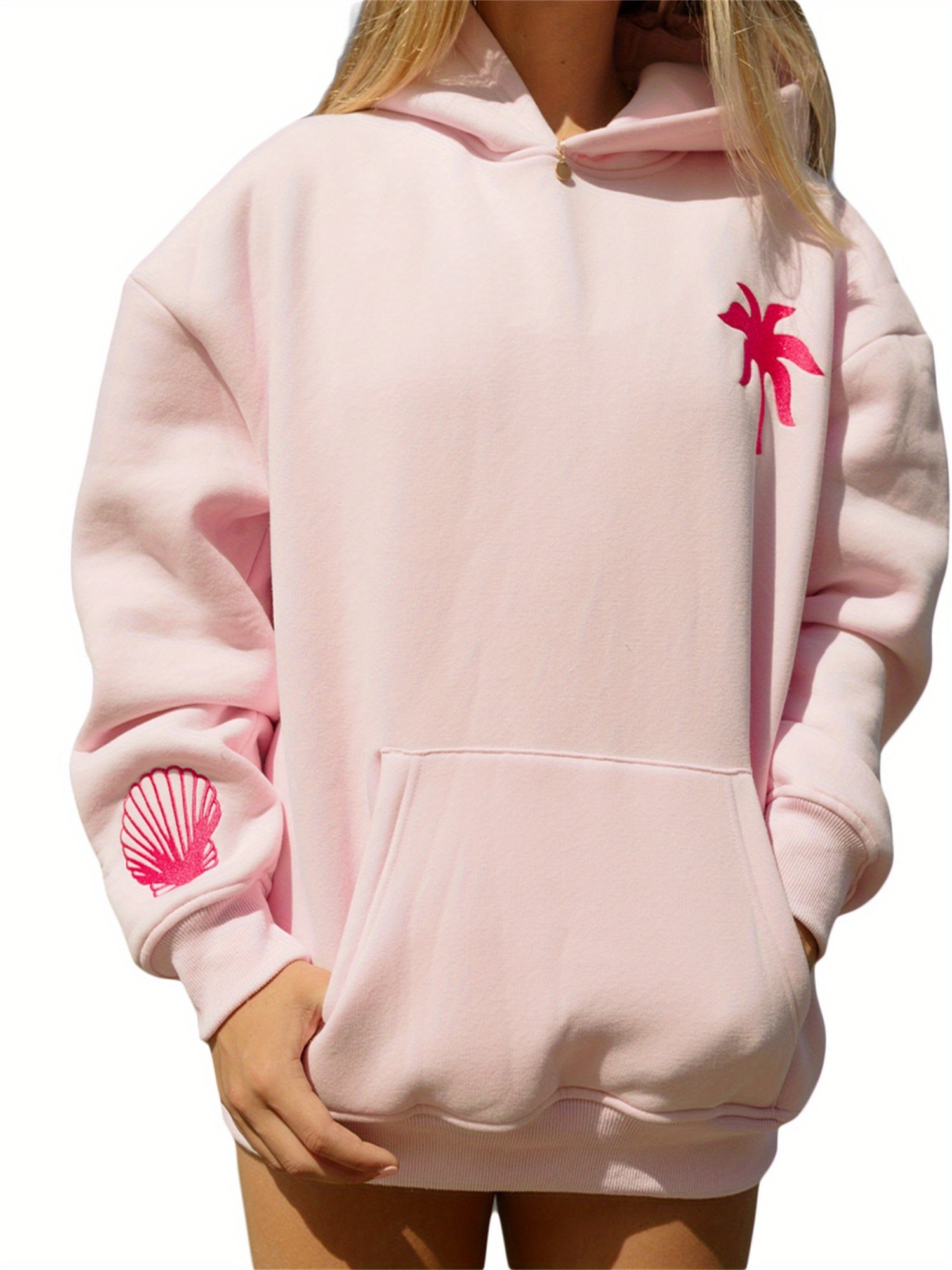 [Everyday Comfort] Women's Casual Pink Hoodie with Seashell & Palm Embroidery - Long Sleeve, Zip-Up, Oversized Beach Sweatshirt, 100% Polyester, Machine Washable - Perfect for Streetwear & Relaxation