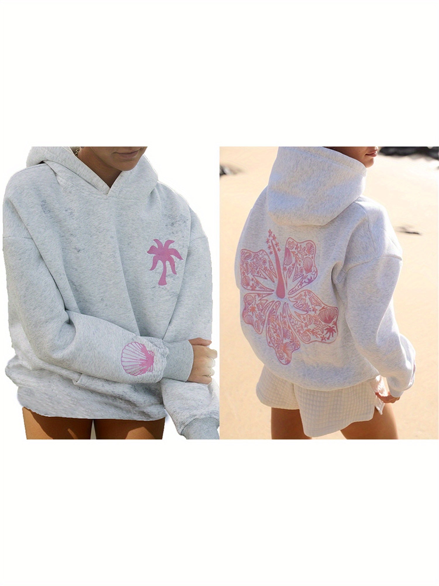 [Everyday Comfort] Women's Casual Pink Hoodie with Seashell & Palm Embroidery - Long Sleeve, Zip-Up, Oversized Beach Sweatshirt, 100% Polyester, Machine Washable - Perfect for Streetwear & Relaxation