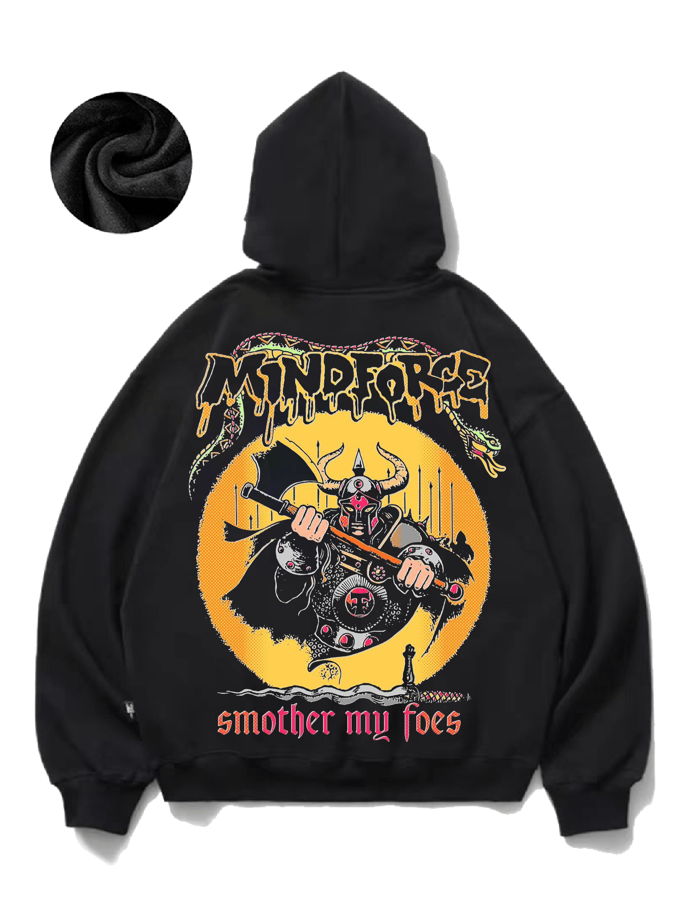 Men's Viking Warrior & Serpent Graphic Hoodie - Fleece-Lined, Casual Black Pullover with Pockets, Cotton/Polyester Blend, Long Sleeve, Machine Washable