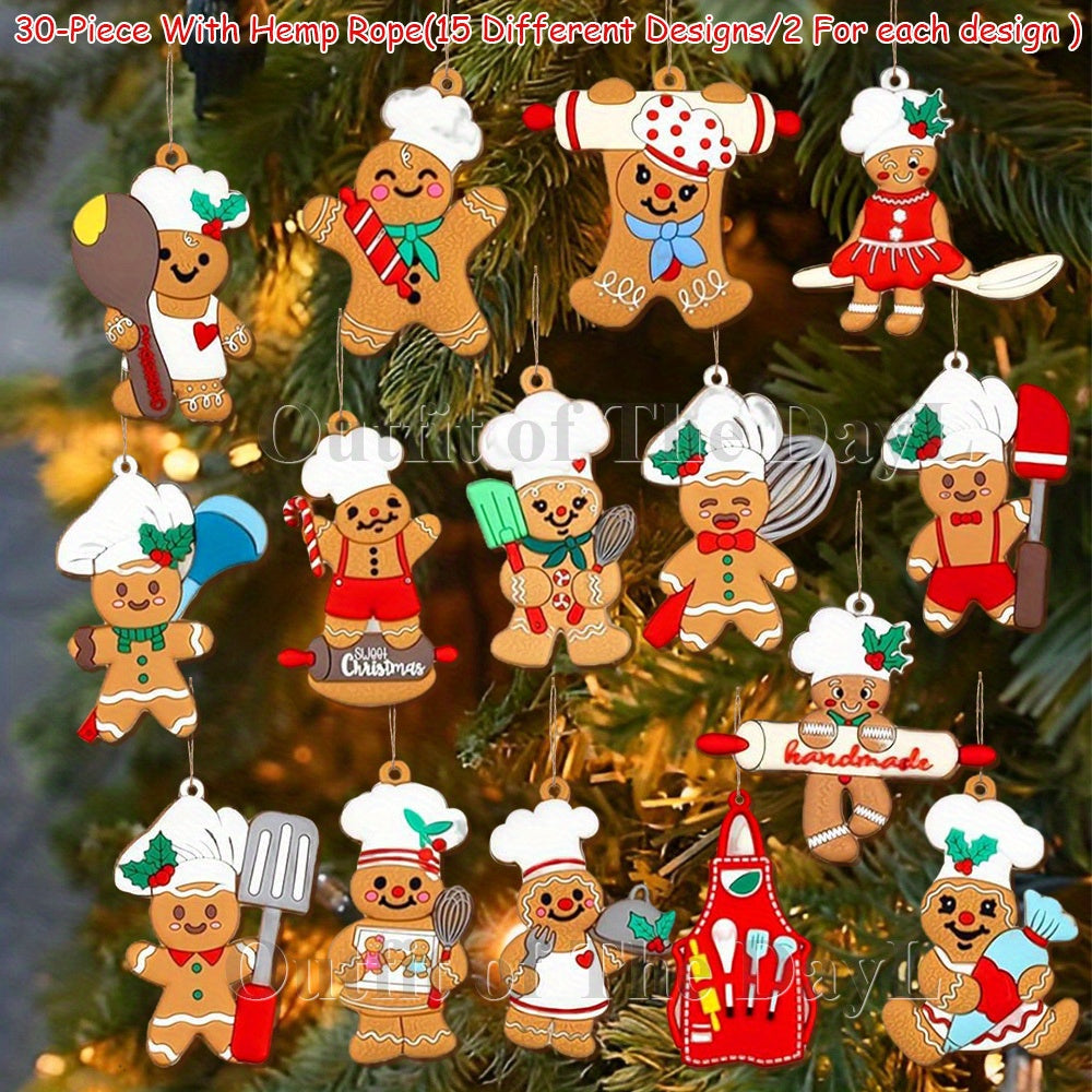 30-Piece With Hemp Rope Gingerbread Men Christmas Tree Ornaments Set- Kitchen Cooking Chef-Themed Gingerbread Man Wooden Tags Hanging Decorations For Holiday, Home, and Kitchen Decor, Party Supplies, Housewarming Party Gift